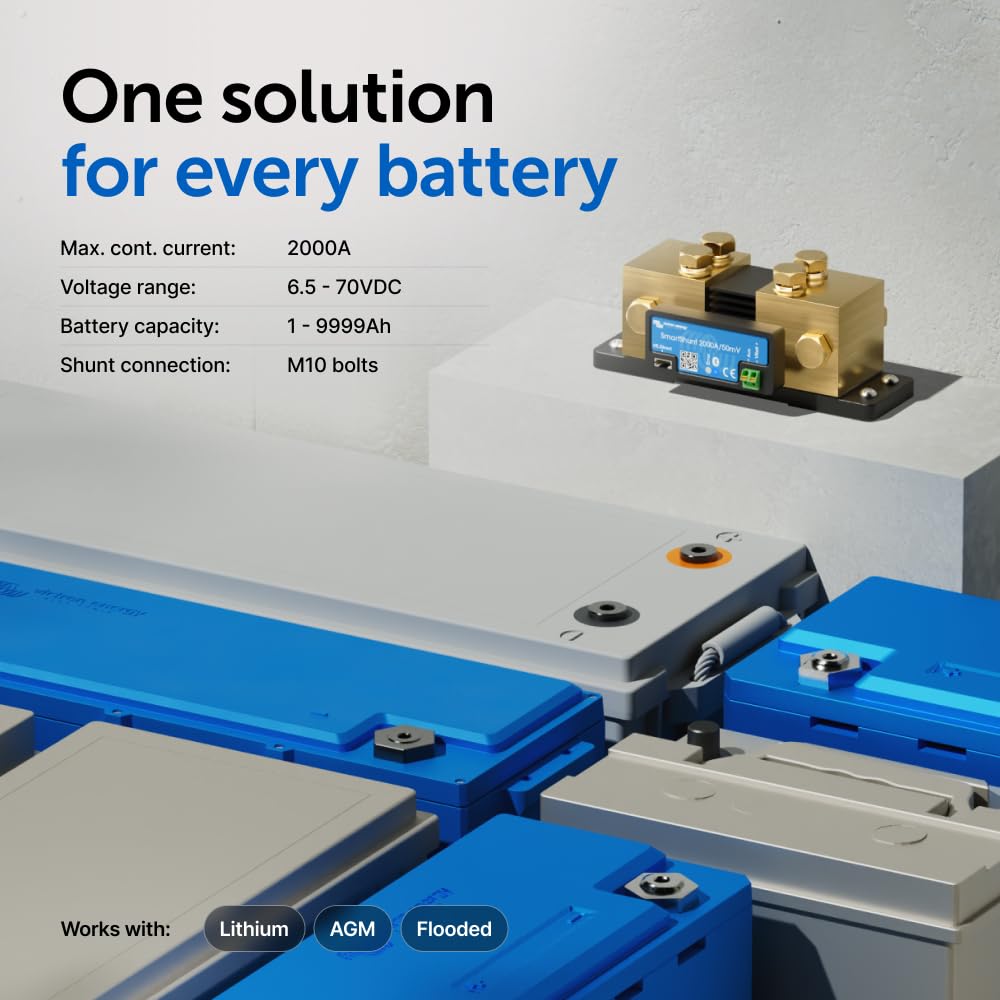Victron Energy SmartShunt 2000A Bluetooth Battery Monitor - Accurate Battery Voltage & Current Tracking for RVs, Boats & Solar Systems
