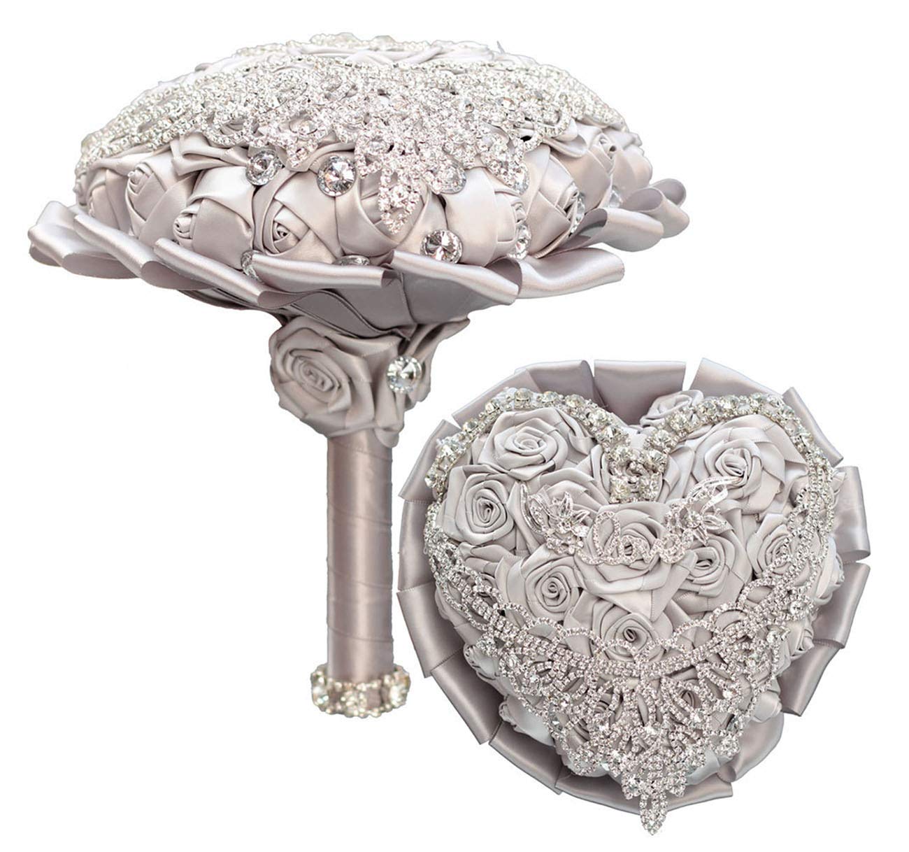 Handmade Artificial Rose Wedding Bouquet with Crystal Pearl & Satin Ribbon - Bridal Bouquet for Bride & Bridesmaids, Toss Bouquet for Wedding Ceremony, Church Events, Engagement Party, Valentine's Day Celebration & Home Décor