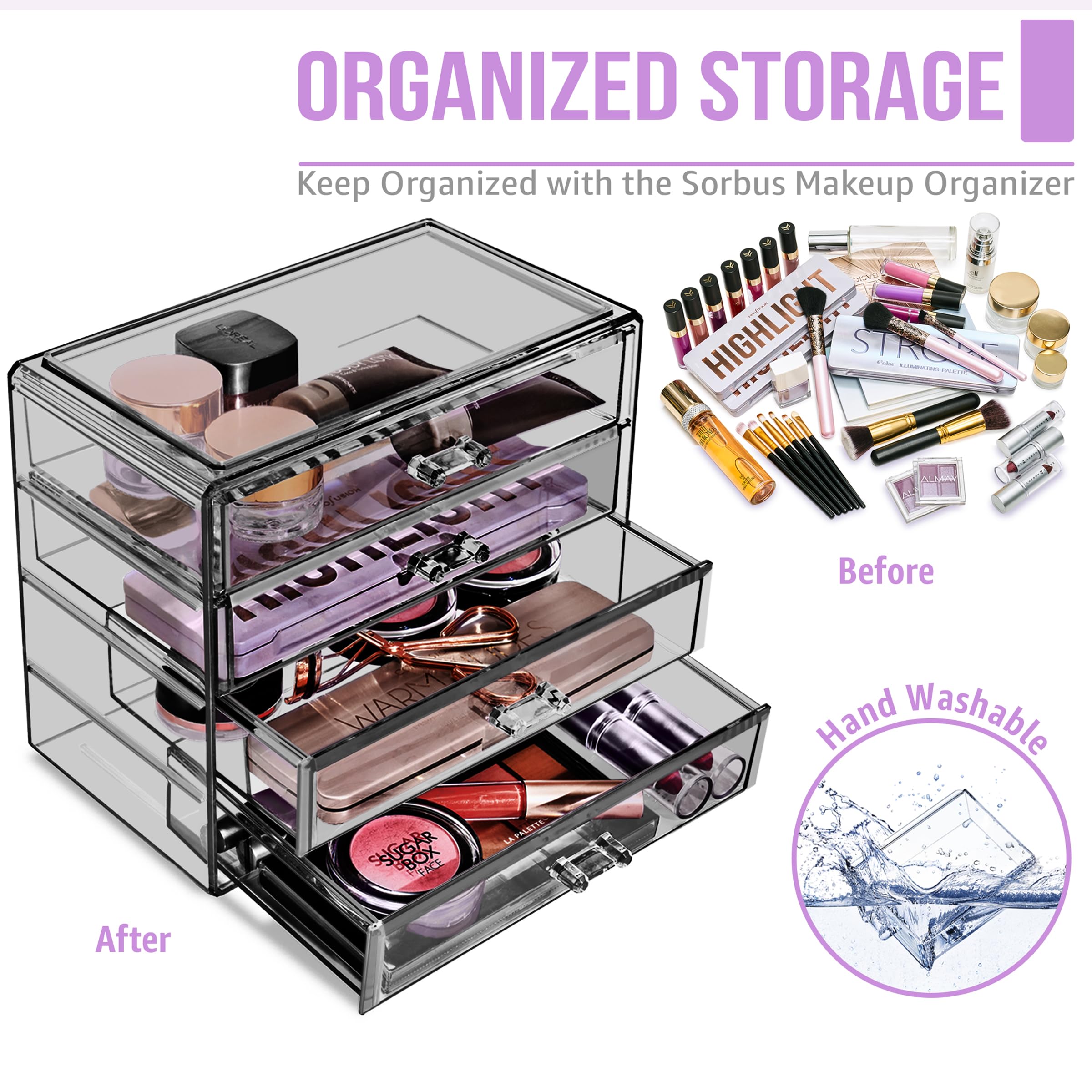 Sorbus 4-Drawer Acrylic Makeup Organizer - Clear Cosmetic Storage for Vanity, Jewelry & Beauty Supplies | Perfect for Bathroom Counter, College Dorm & Girls Room Organization