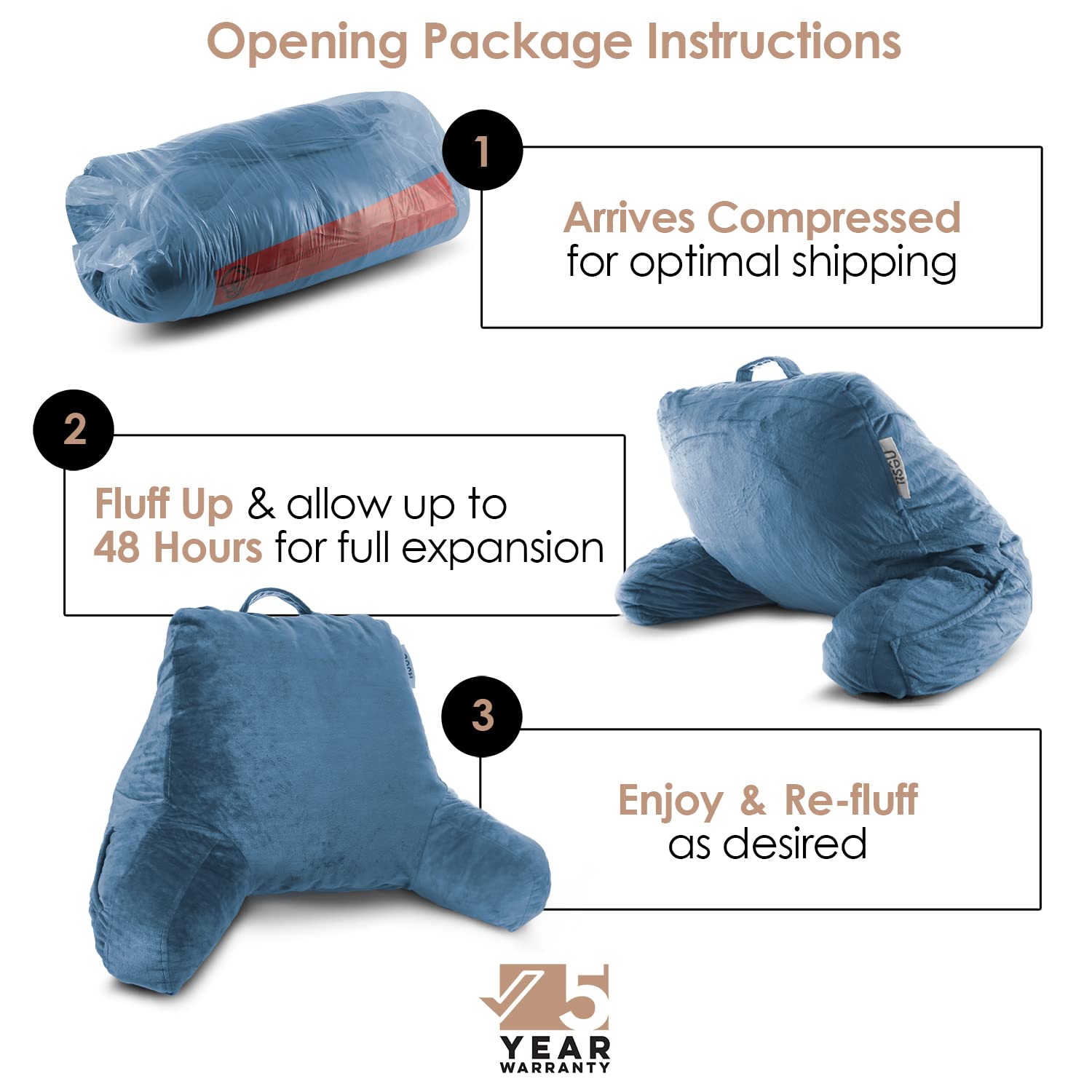 Shredded Memory Foam Reading Pillow for Bed - Blue Heaven Back Support Pillow with Pockets, Perfect for Sitting in Bed, Reading, Watching TV & Relaxing