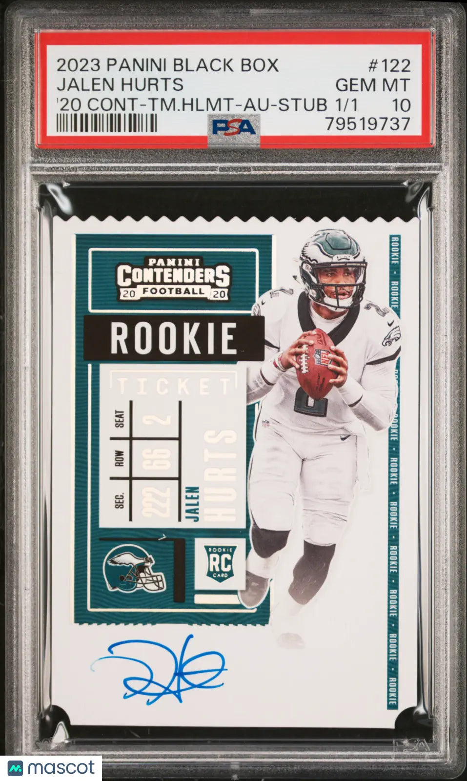 2023 Panini Contenders Black Box Jalen Hurts Rookie Ticket Stub Auto PSA 10 1/1 - Rare Football Trading Card for Collectors & Sports Fans - Perfect for Display, Investment & Memorabilia Collections