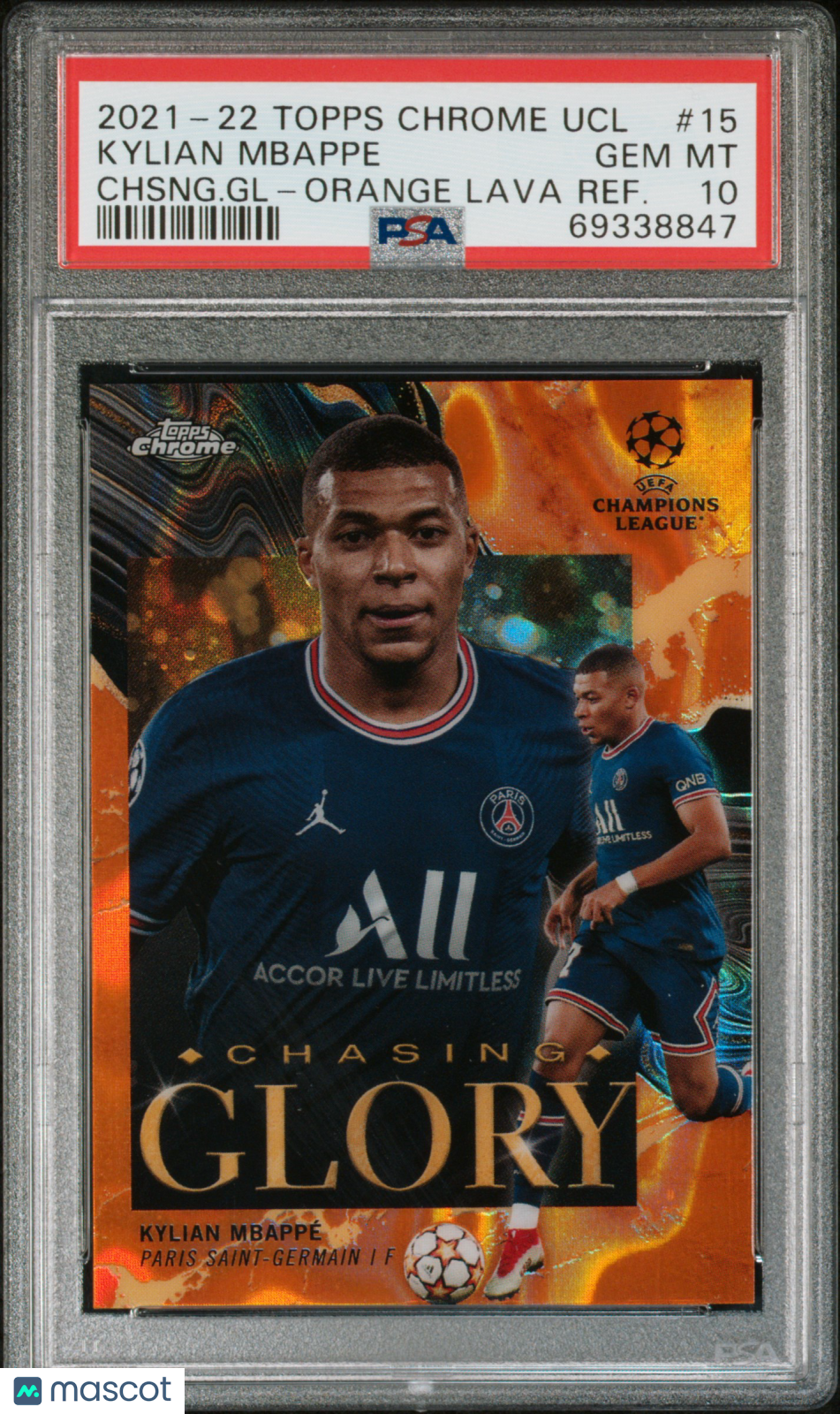 2021 Topps Chrome Chasing Glory Kylian Mbappe Orange Lava Refractor #15 PSA 10 - Rare Football Trading Card for Collectors, Perfect for Display & Investment