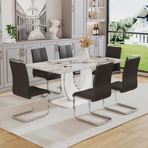 White Table With 6 Black Chairs