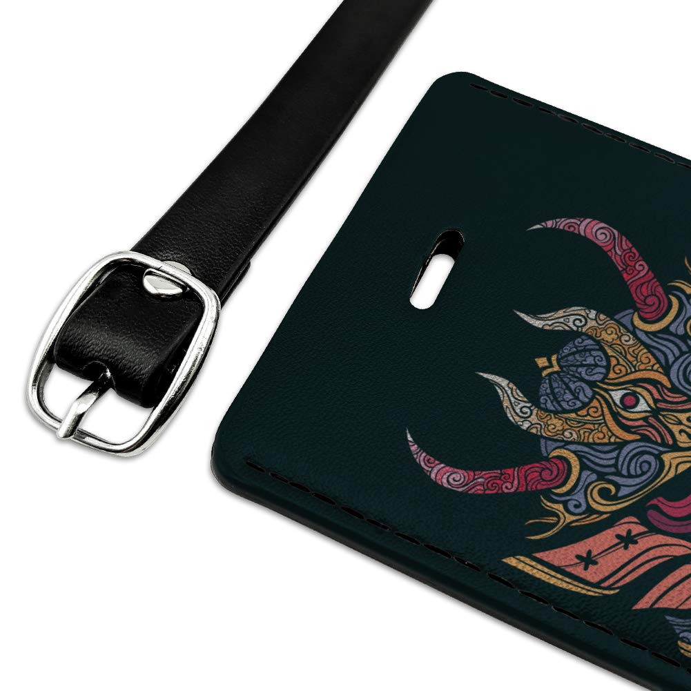 Japanese Samurai Oni Demon Mask Leather Luggage Tag - Unique Rectangle ID Card Holder for Travel Bags, Suitcases & Backpacks - Perfect for Anime Fans, Cosplay & Halloween Costumes