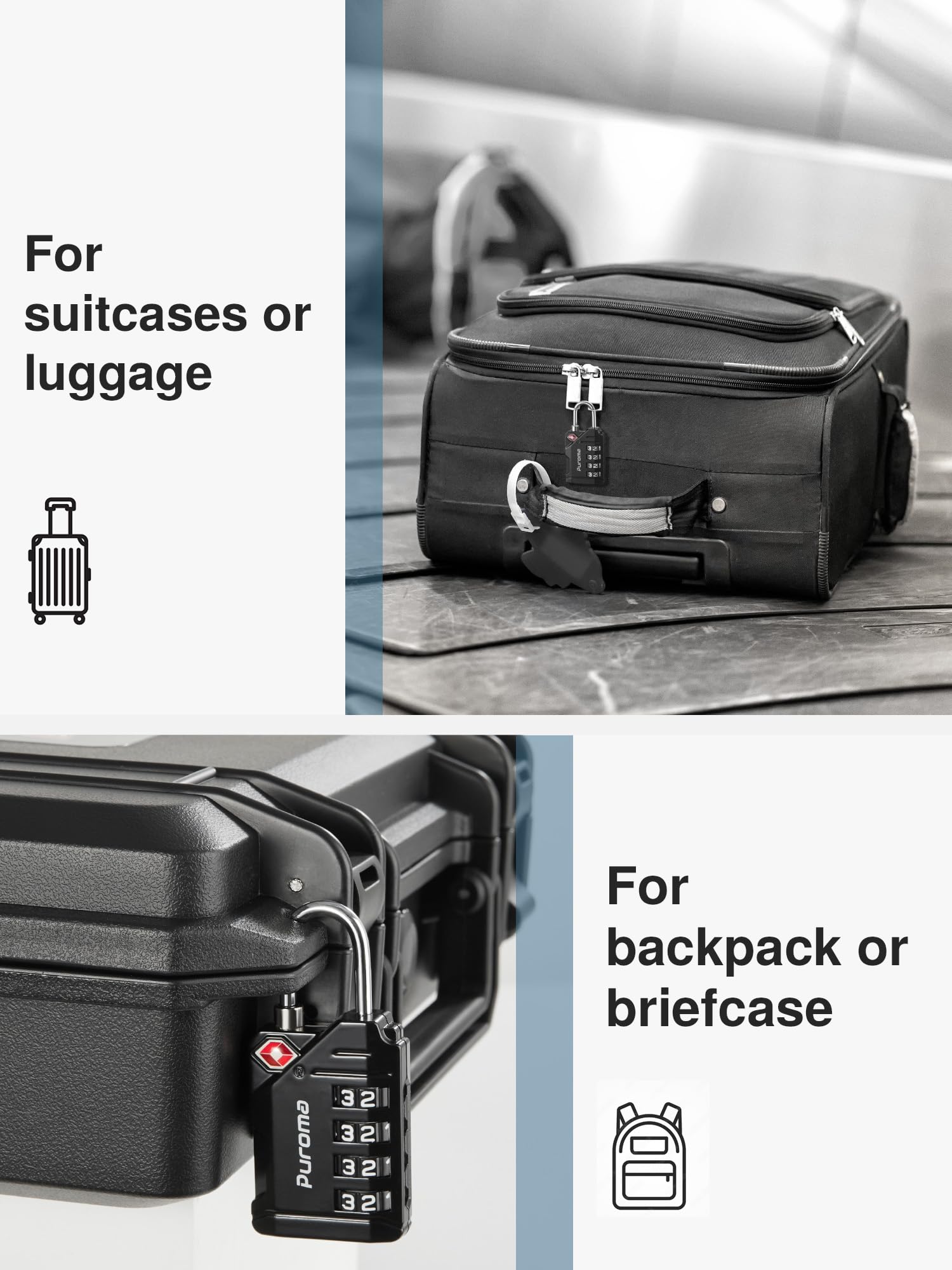 Puroma 4-Pack TSA Approved Luggage Locks - Black 4-Digit Resettable Combination Locks with Zinc Alloy Body for Travel, Suitcases, Backpacks & Gym Lockers | Secure Your Belongings During Air Travel, Commuting & Workouts