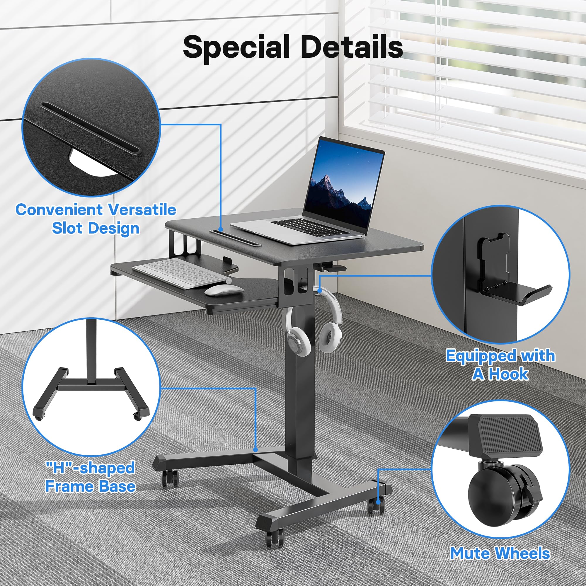 Adjustable Height Mobile Desk with 4 Wheels - 65x45cm Portable Standing Workstation with Keyboard Tray, Perfect for Home Office, Living Room & Bedroom - Ideal for Remote Work, Gaming & Study