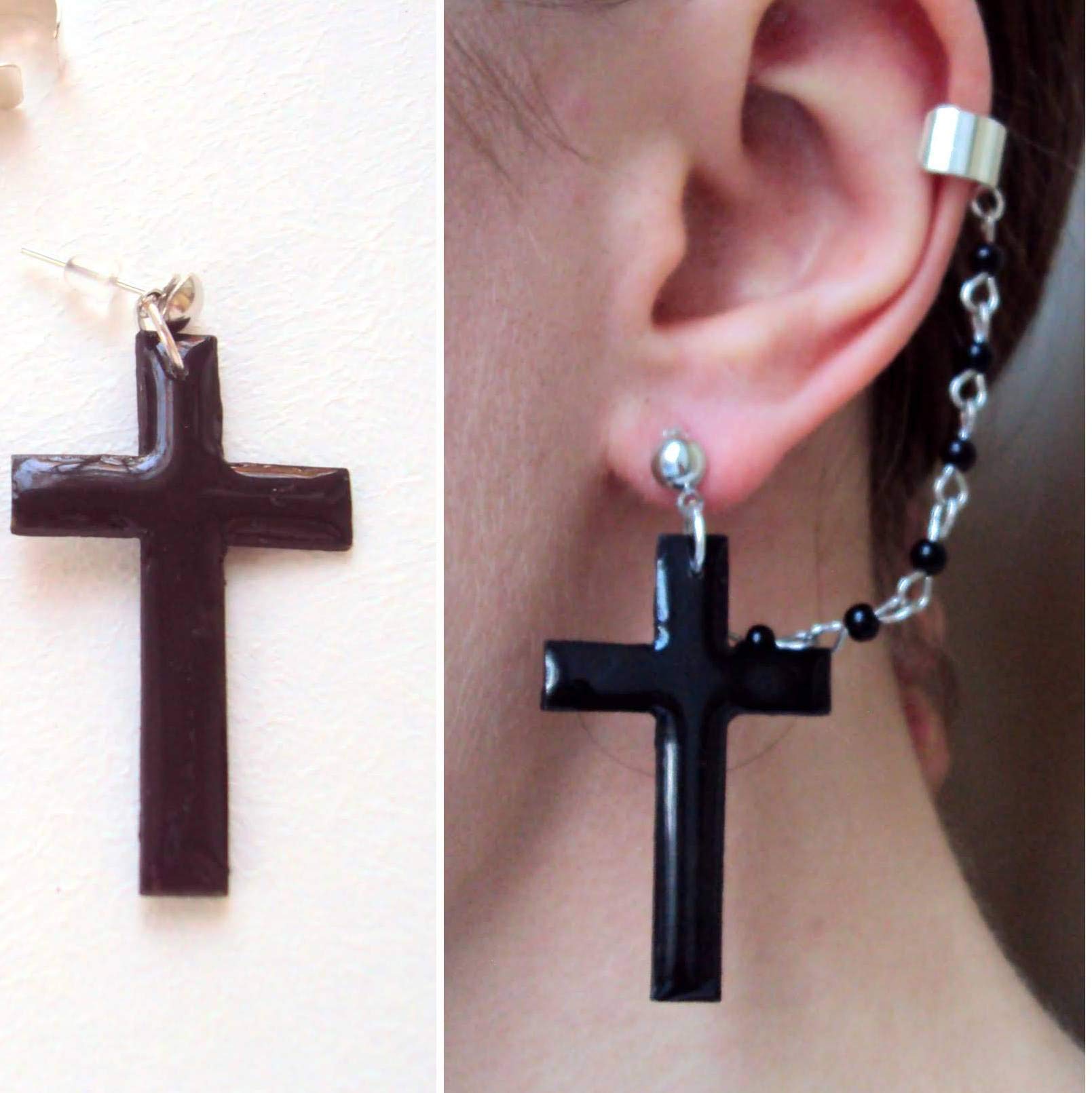 Handmade Gothic Cross Ear Cuff - Black Polymer Clay Stud Earrings with Beaded Chain - Epoxy Resin Jewelry for Women - Perfect for Halloween, Gothic Fashion & Alternative Style