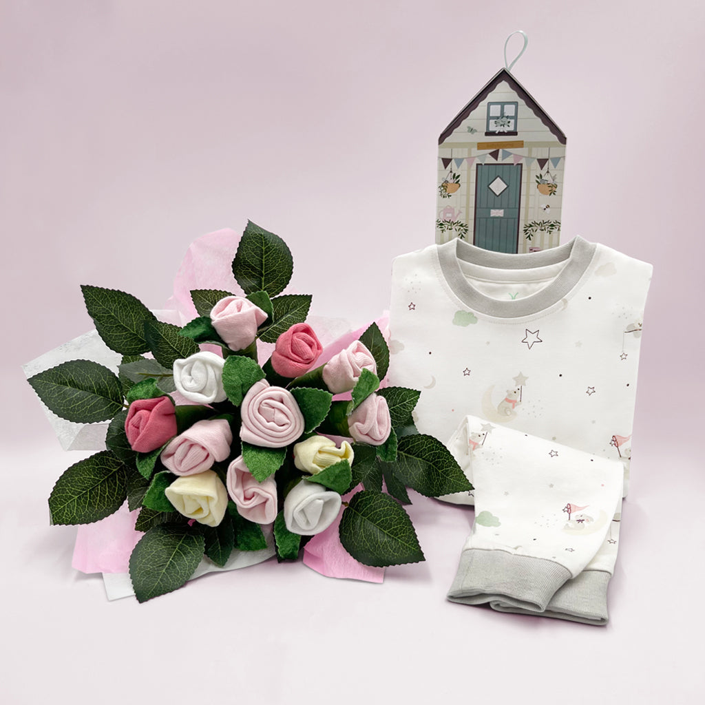 Little Love Baby Pyjamas & Welcome Posy Gift Set - Soft Pink Cotton Pajamas for Newborns & Infants - Perfect for Baby Showers, Birthdays & Special Occasions