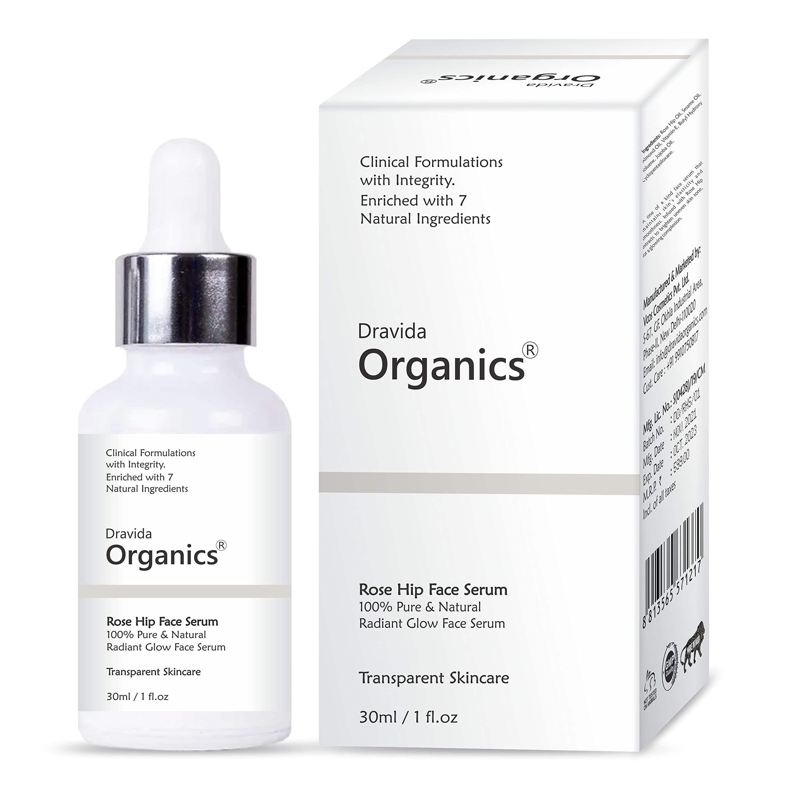 Dravida Organics Rose Hip Radiant Glow Face Serum - 30ml | Organic Anti-Aging Facial Serum with Vitamin C | Hydrates & Brightens Skin for Daily Skincare Routine