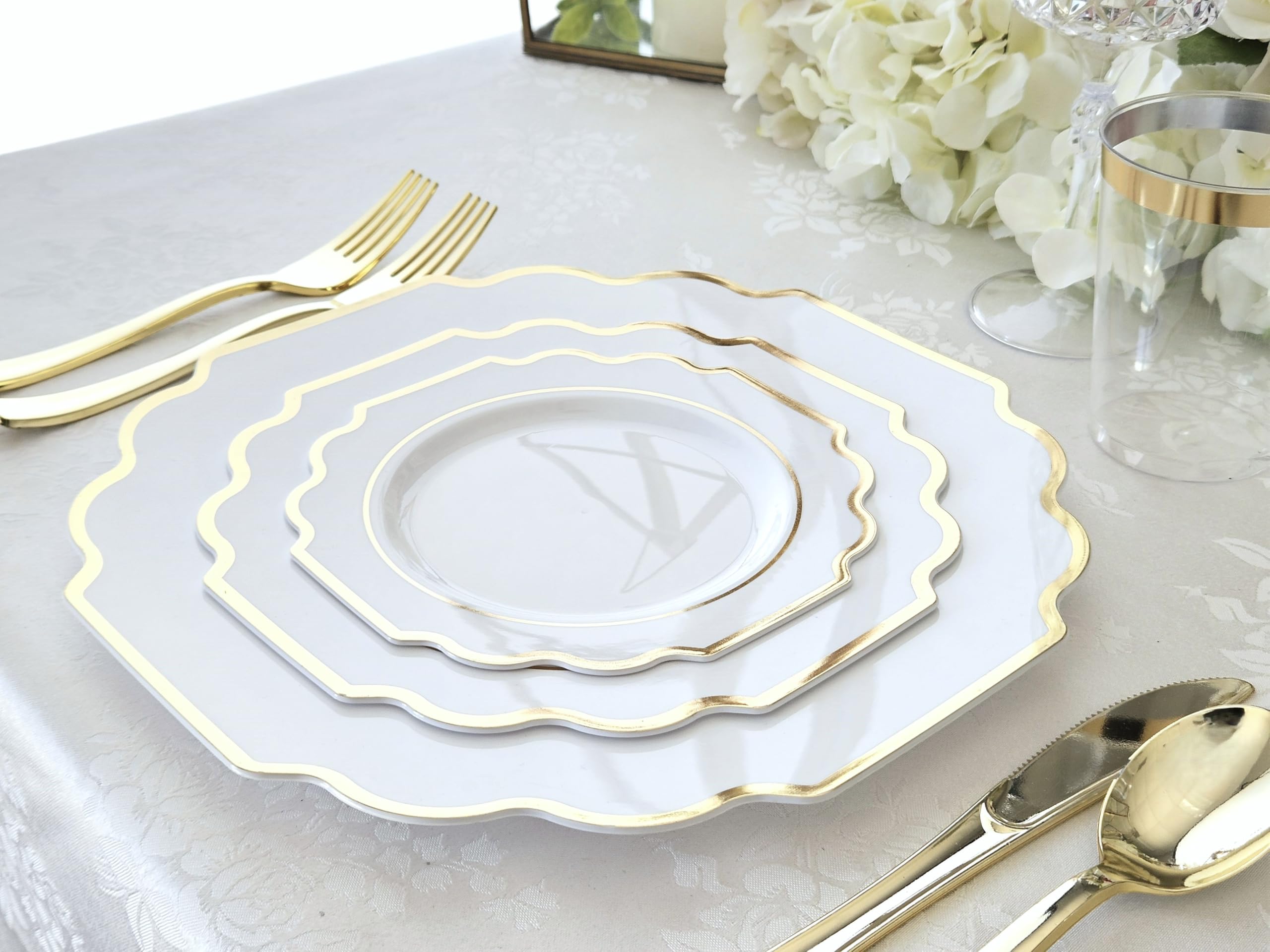240-Piece Heavyweight Disposable Plastic Plates Set for Weddings & Parties - 120 x 10.5'' Dinner Plates + 120 x 8'' Salad/Dessert Plates in Elegant White & Gold | Perfect for Large Gatherings, Catering Events & Special Occasions