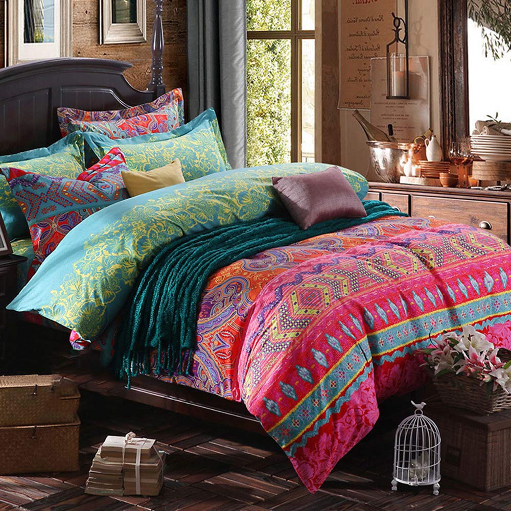 Bohemian Soft Breathable King Size Duvet Cover Set - 100% Microfiber Cotton 3-Piece Vintage Ethnic Floral Bedding with Zipper & Ties | Exotic Home Decor for Men & Women | Perfect for Guest Rooms, Master Bedrooms & Bohemian Style Homes