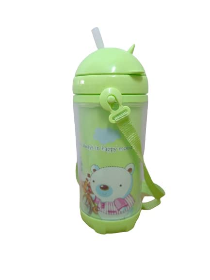 **Puthak 500ml Cute Cartoon Printed Water Bottle with Straw for Kids - BPA Free, Leak Proof Flip Top Lid, Silicone Sipper & Soft Carry Neck Strap - Ideal for School, Travel & Outdoor Activities (Green)**