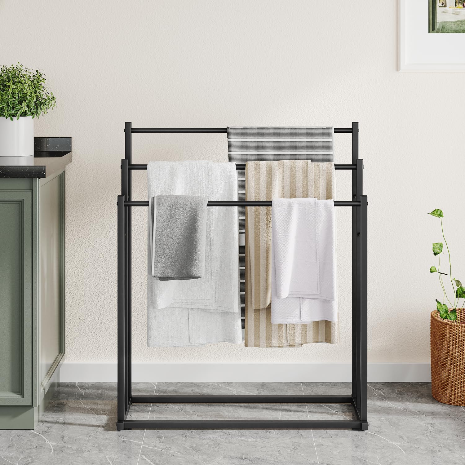 3-Tier Heavy Duty Towel Rack for Bathroom - Free Standing Wide Towel Holder for Oversized Bath Towels, Pool Blankets & Outdoor Use - Durable Black Metal Drying Stand (Perfect for Spa, Gym & Beach House Organization)