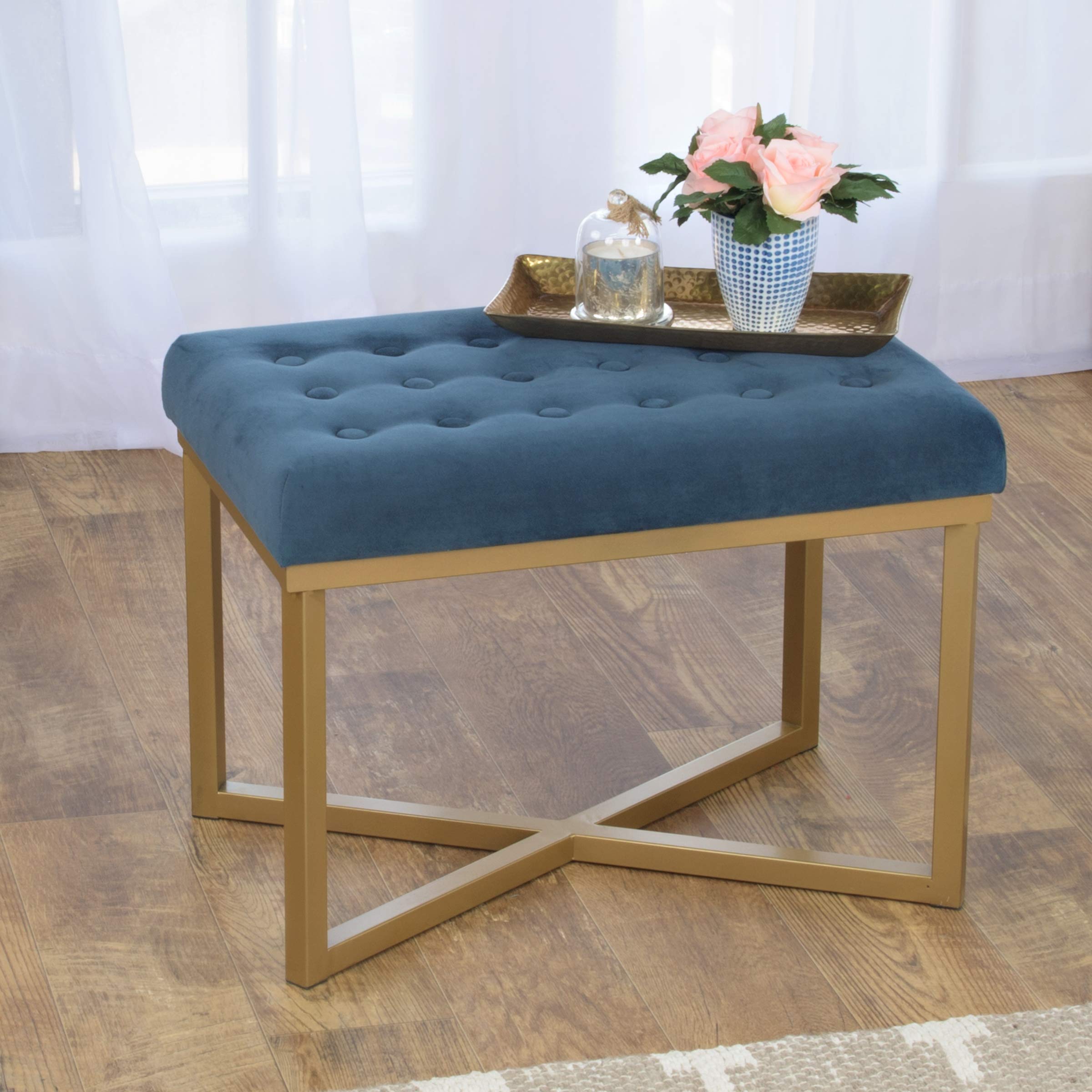 HomePop Velvet Upholstered Tufted Ottoman Bench - Dark Blue Storage Footstool for Living Room & Bedroom | Luxury Home Decor, Perfect for Extra Seating & Cozy Relaxation