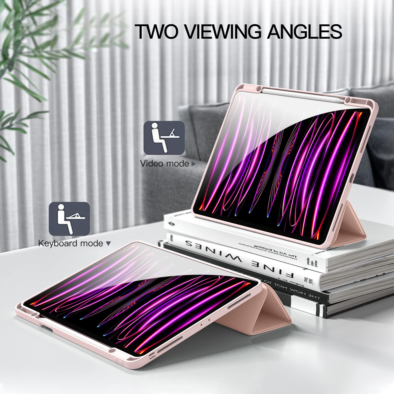 Premium iPad Pro 12.9 Case 6th/5th/4th/3rd Gen (2022/2021/2020/2018) - Shockproof Trifold Stand Cover with Pencil Holder & Auto Wake/Sleep | Soft TPU Back Protection | Perfect for Work, School & Travel - Pink