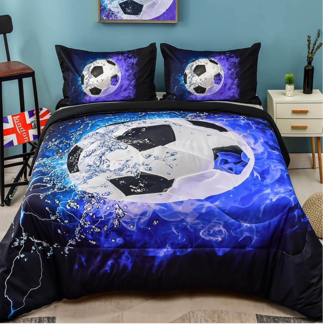 Andency Twin Soccer Comforter Set (66x90 Inch) - 2 Piece Blue Flame Soccer Bedding with Pillowcase | Soft Microfiber Sports Themed Comforter for Boys, Girls, Kids & Teens | Perfect for Bedrooms, Dorms, Sleepovers & Soccer Fans
