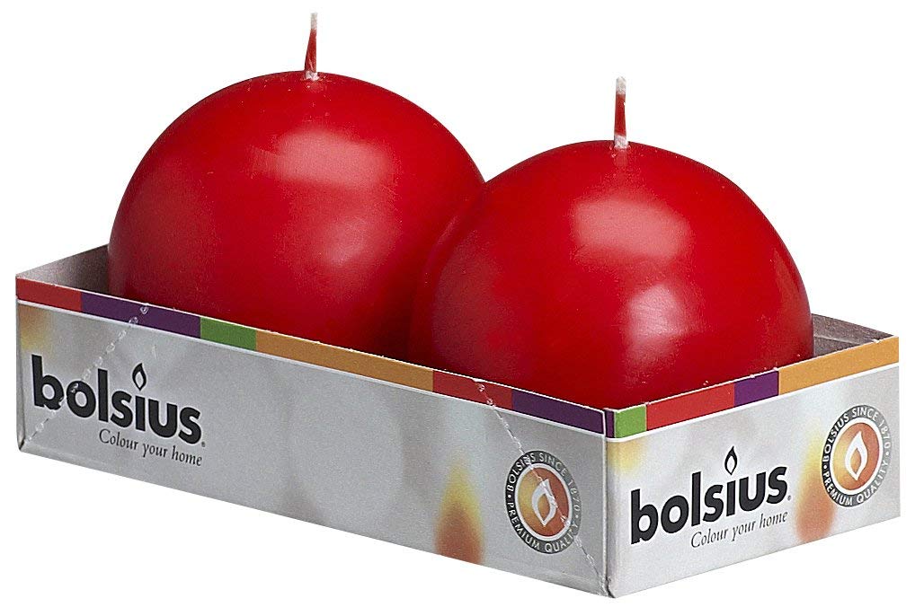 Bolsius Set of 2 Red Ball Candles - 2.75 Inch Unscented Dinner Candles - Dripless Clean Burning Smokeless Candles for Wedding, Party & Special Occasions - Perfect for Romantic Dinners, Table Centerpieces and Holiday Decorations
