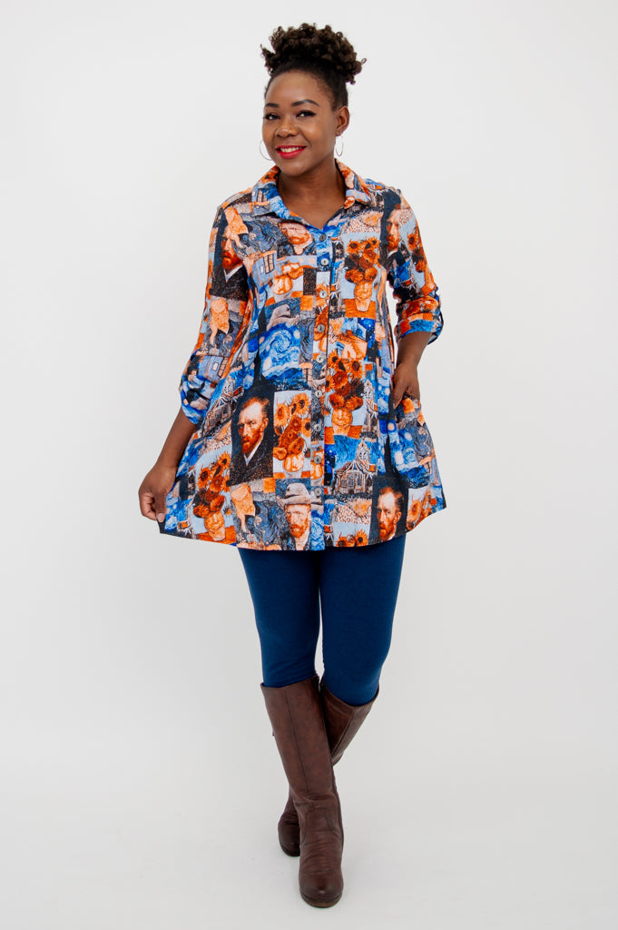 Celine Blouse - Van Gogh Inspired Linen Bamboo Shirt for Women | Elegant Summer Top for Casual Outings & Office Wear