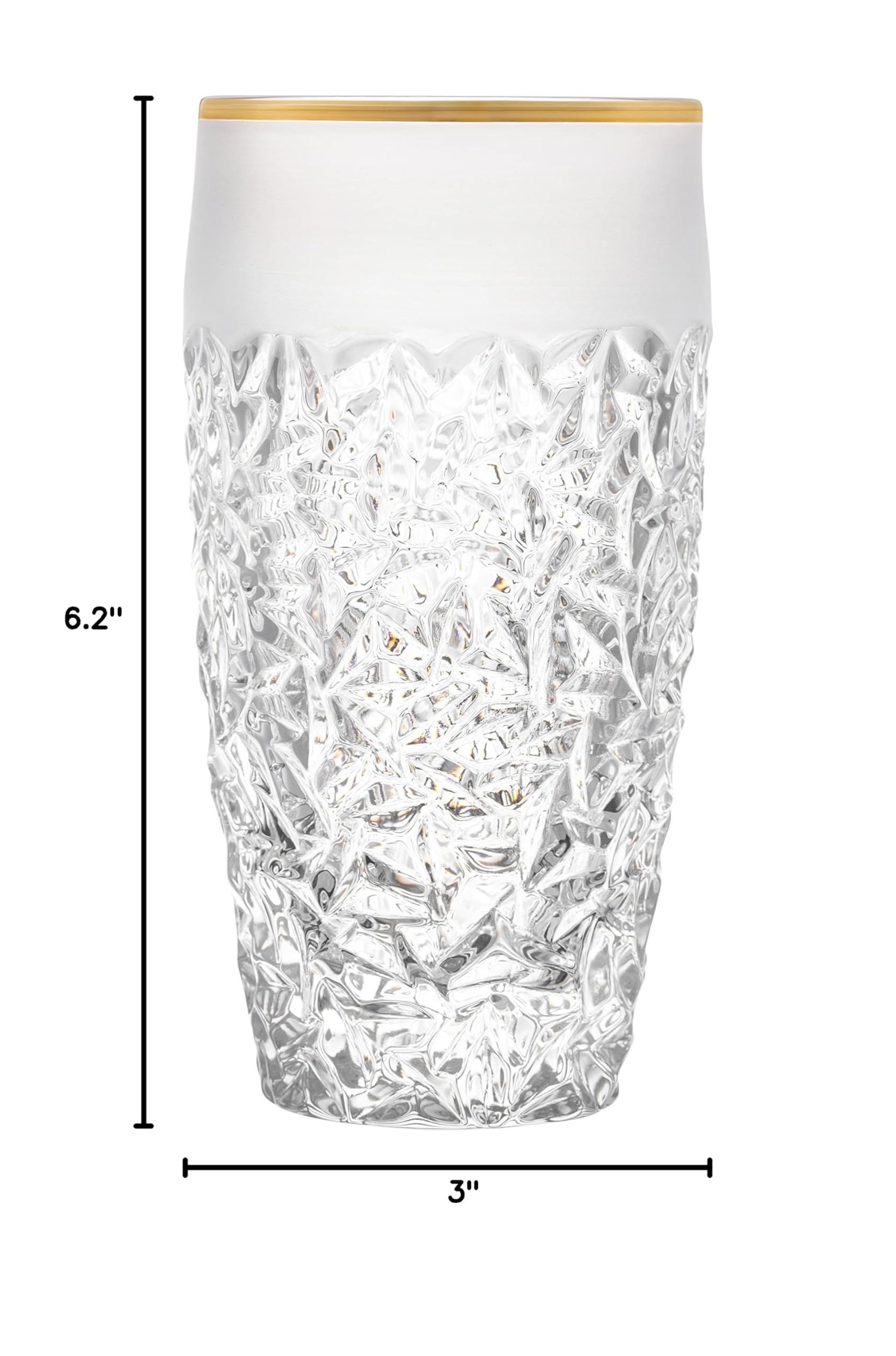 Premium European Crystal Glass Set of 6 - 16 oz Highball Tumblers with Elegant Raindrop Design, Frosted Border & Gold Rim - Made in Europe - Perfect for Cocktails, Iced Coffee & Home Bar Decor