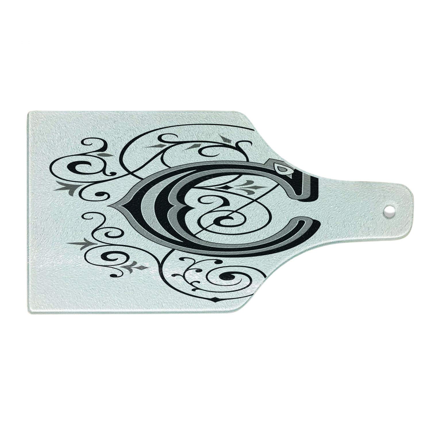 Ambesonne Gothic Letter C Cutting Board - Victorian Inspired Vintage Floral Design, Tempered Glass Serving Board for Cheese, Charcuterie & Wine - Black Grey White Decorative Kitchen & Dining Accessory