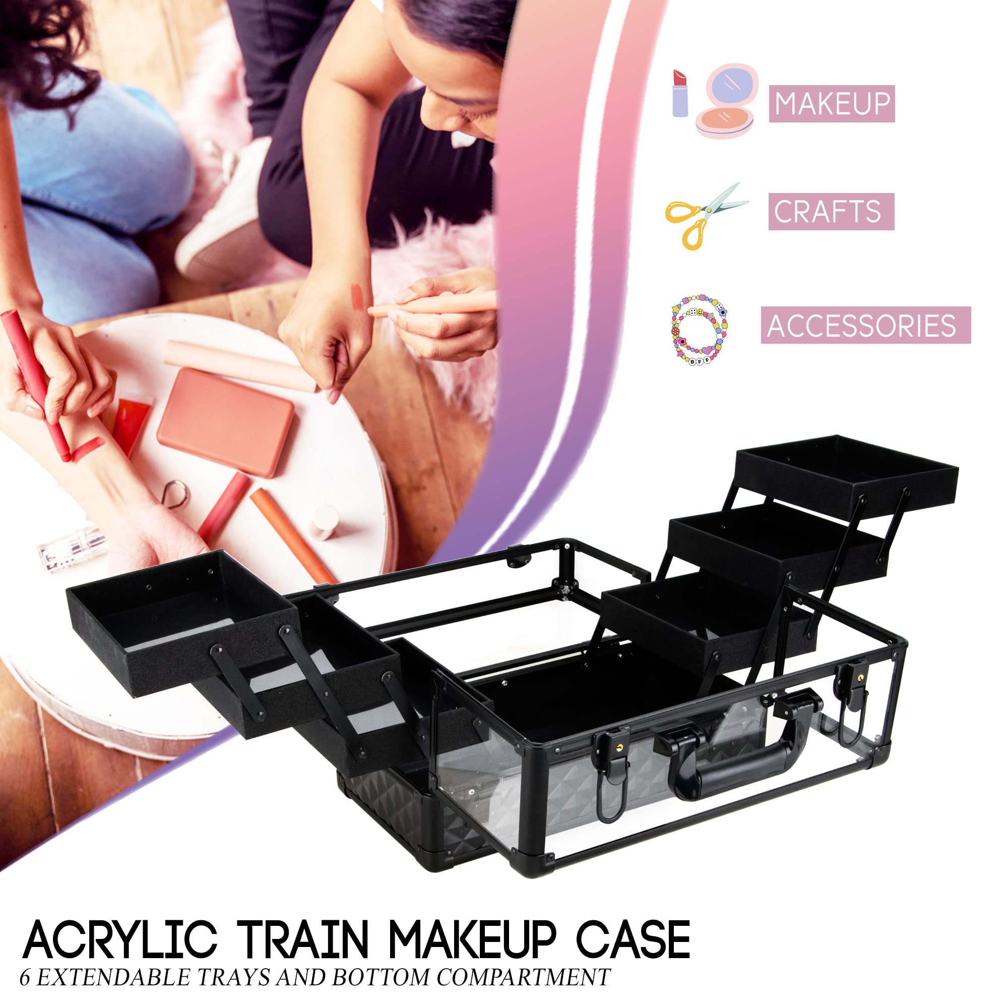 Ver Beauty 14 Inch Large Professional Makeup Train Case - Portable Acrylic Cosmetic Storage Organizer with 6 Trays for Makeup Artists, Jewelry, Nail Kits & Crafts - Perfect for Travel, Salon & Home Organization (Black)