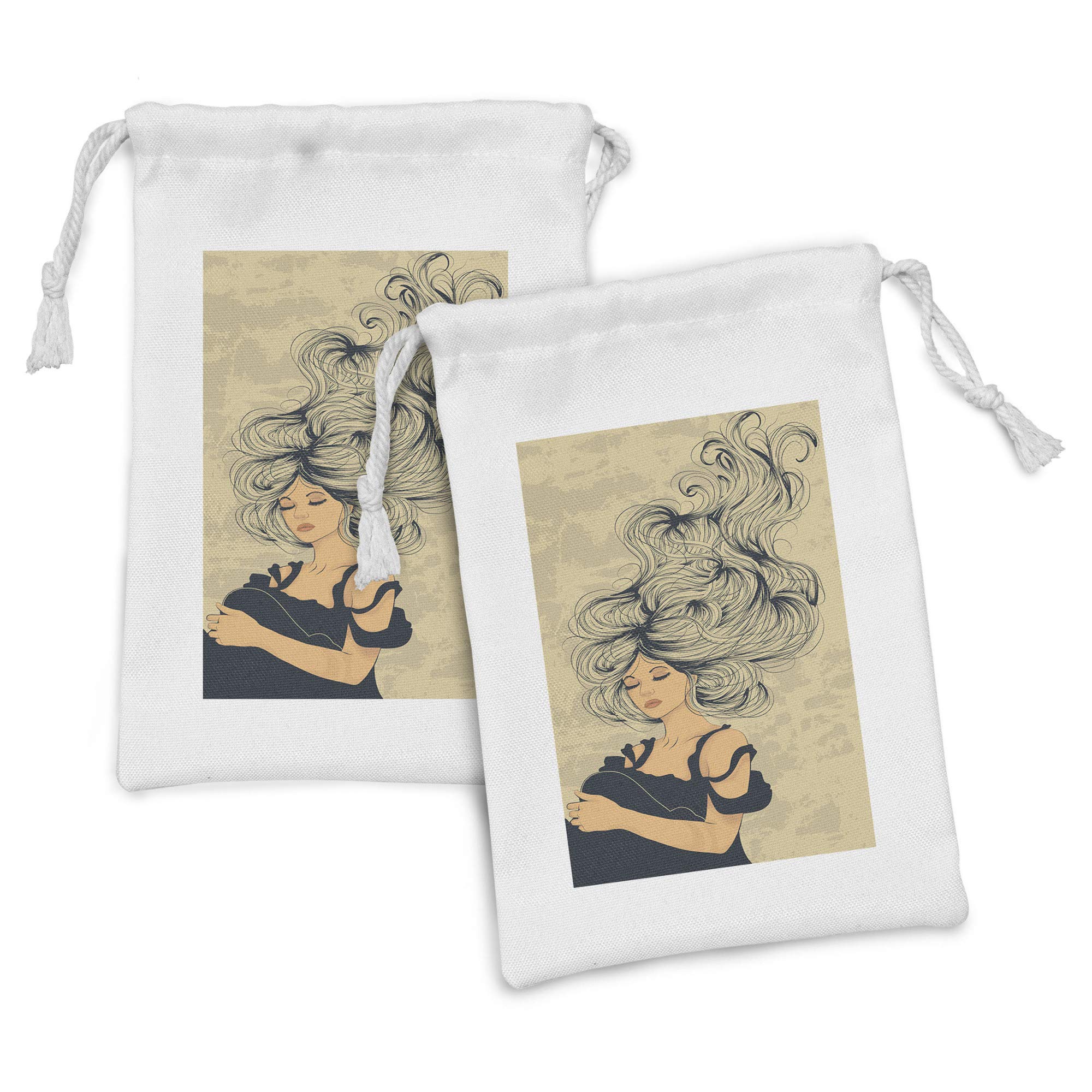 Ambesonne Women's Fabric Pouch Set of 2 - Long Flowing Hair Design Drawstring Bags (9