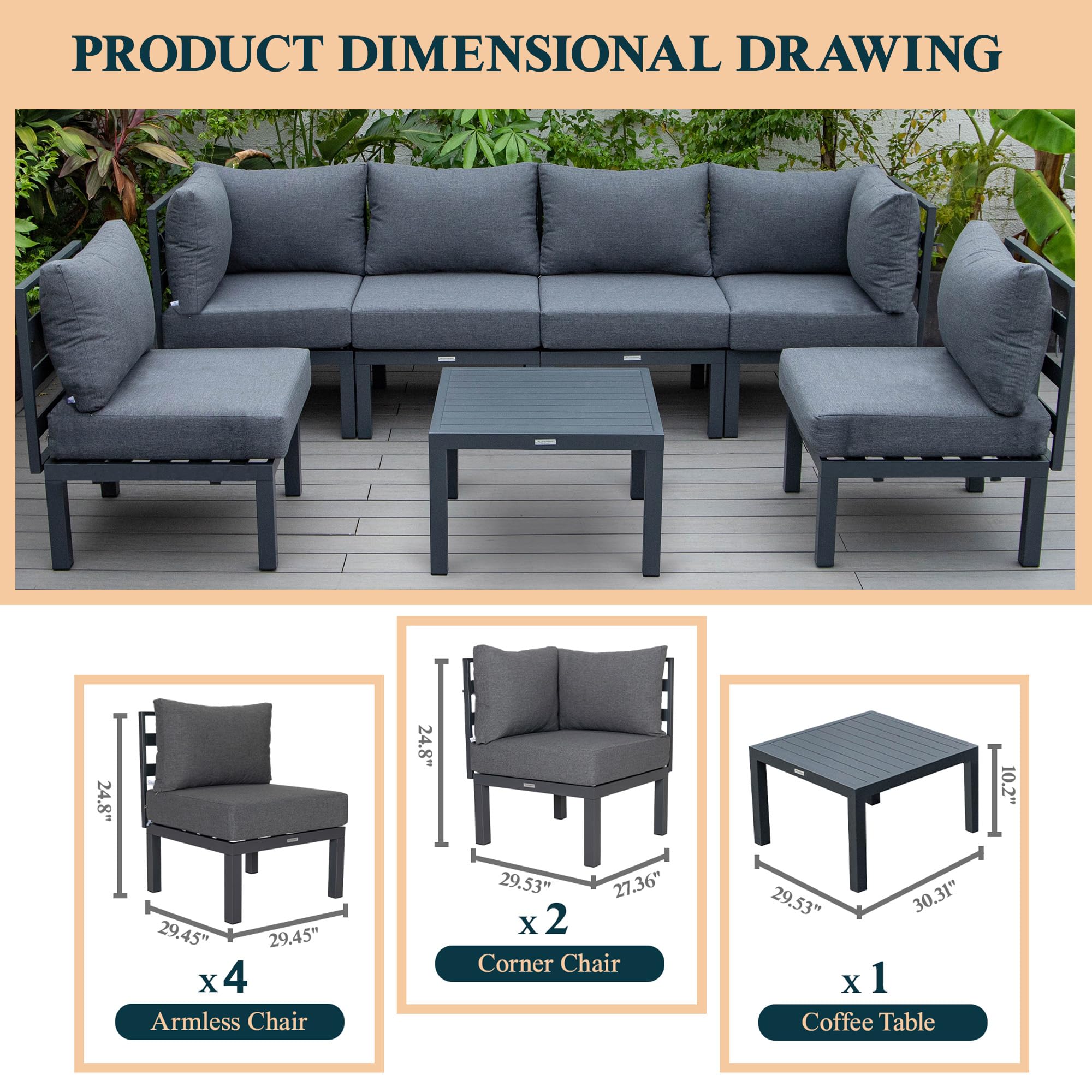 LeisureMod 7-Piece Outdoor Patio Set with Coffee Table - Black Aluminum Sectional & Cushions for Garden Relaxation