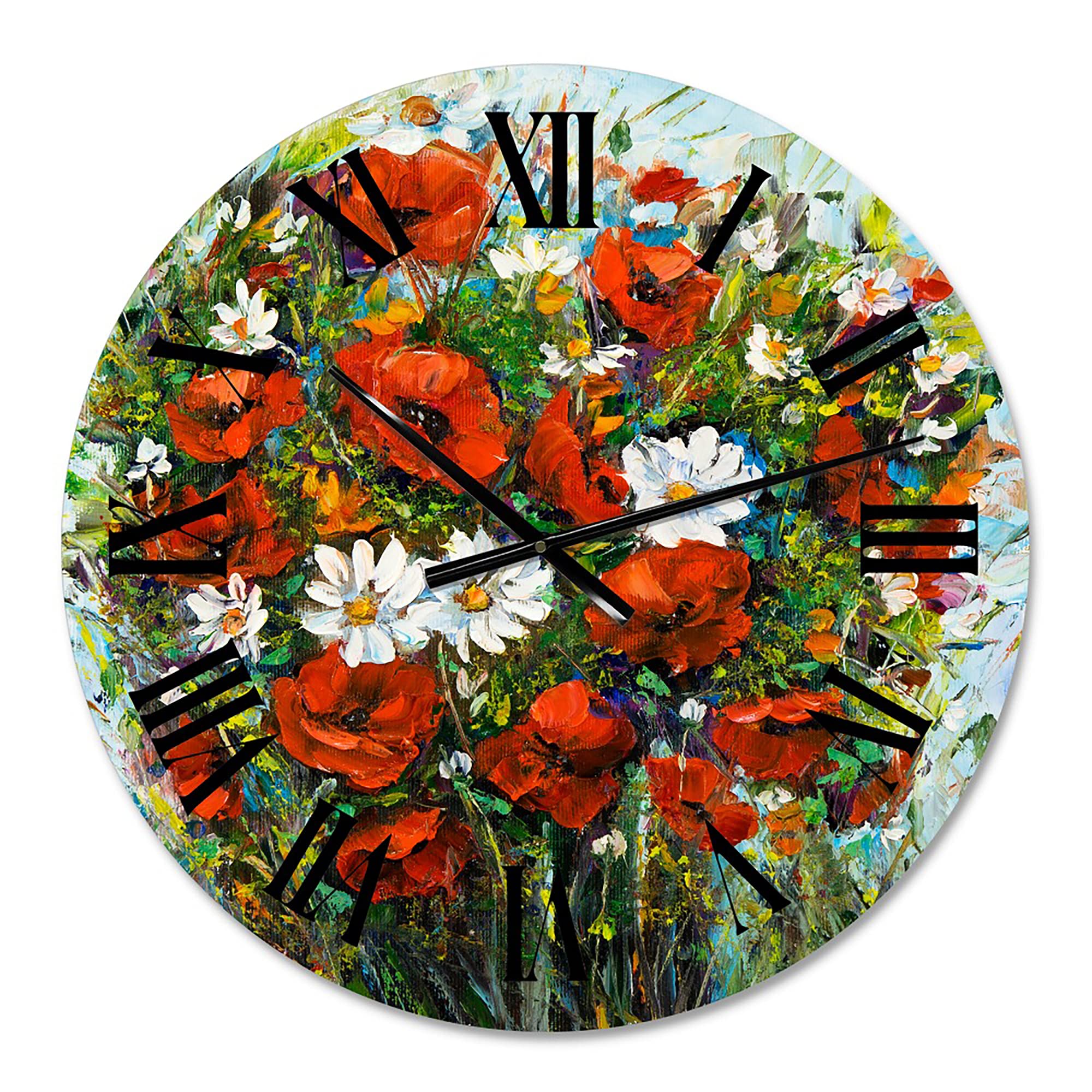 Large Floral Wall Clock - Bouquet of Red & White Wildflowers - Traditional Home Decor Clock - Perfect for Living Room, Bedroom & Office Décor