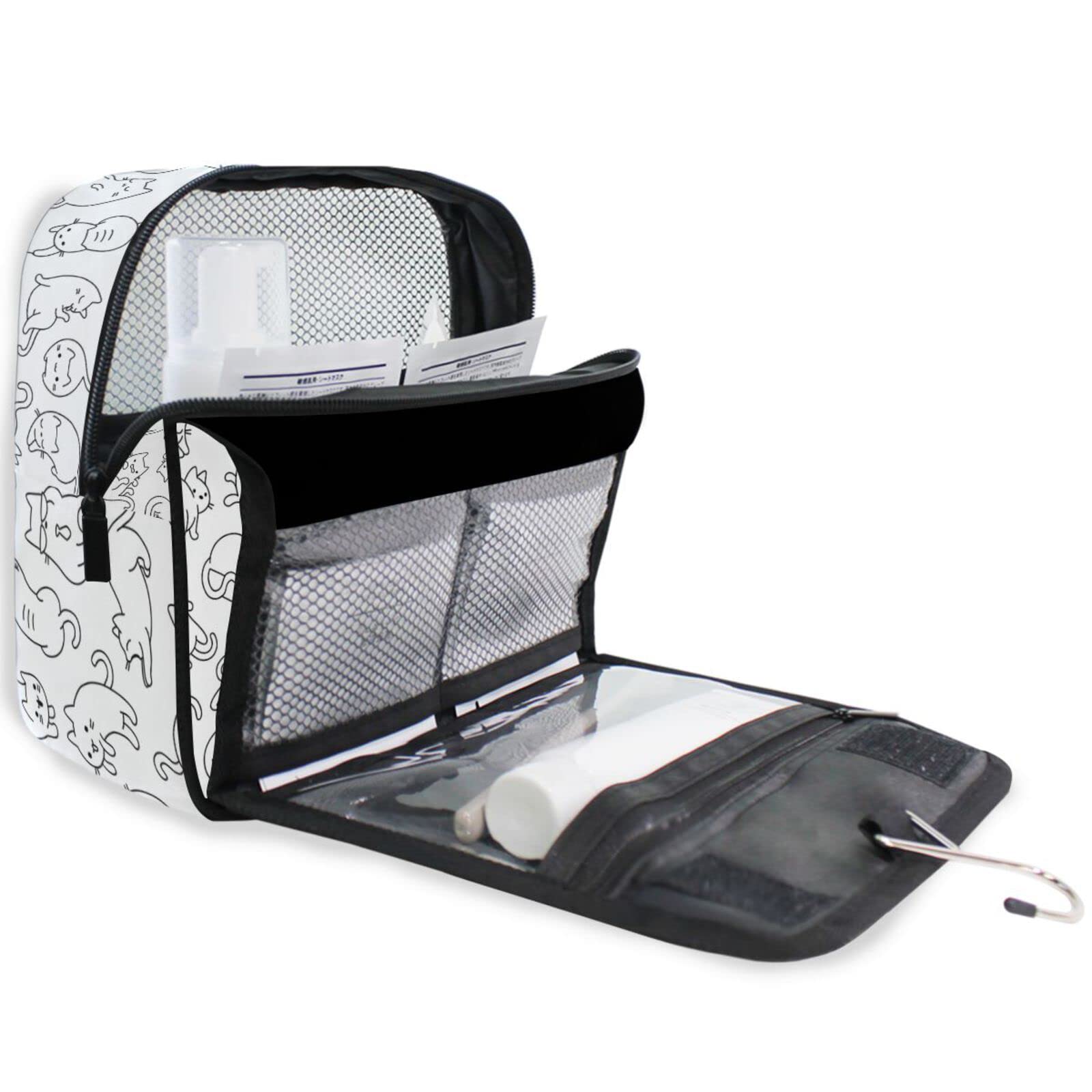 Moyyo White Cartoon Cats Hanging Travel Toiletry Bag - Waterproof Cosmetic Makeup Organizer for Women & Men - Portable Wash Bag for Gym, Camping, Business Trips & Vacation - Perfect Toiletry Organizer for Kids & Adults
