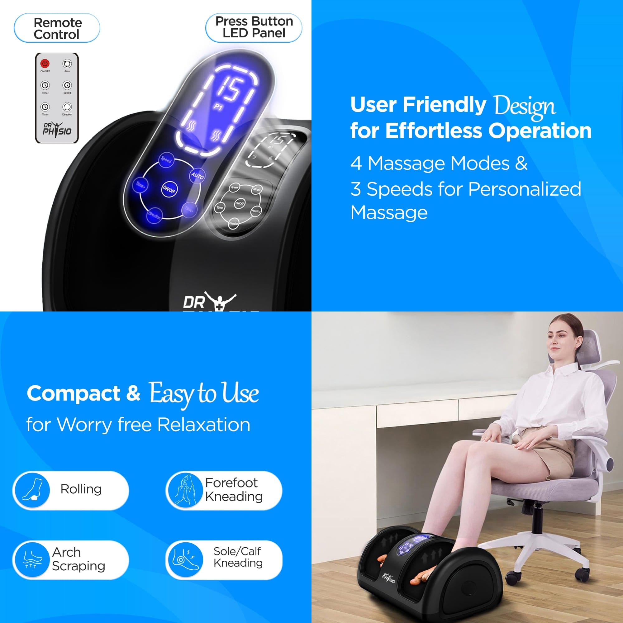 Dr Physio USA Bliss Shiatsu Electric Foot Massager - Deep Tissue Kneading for Muscle Pain Relief, Varicose Vein & Plantar Fasciitis - Improves Blood Circulation - Perfect for Home, Office & Post-Workout Recovery