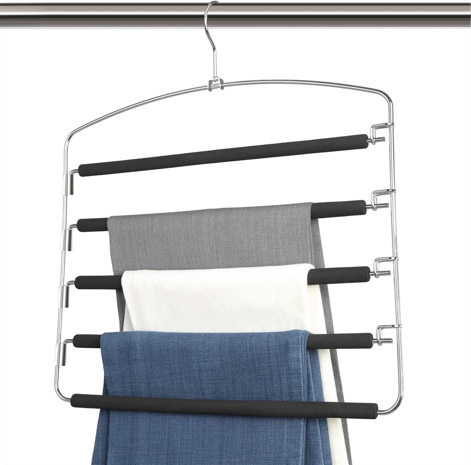 5-Layer Metal Space Saving Pants Hangers - Non-Slip Foam Padded Swing Arm Closet Organizer for Jeans, Trousers, Skirts, Scarves & Towels (2 Pack) - Perfect for Closet Storage & Wardrobe Organization