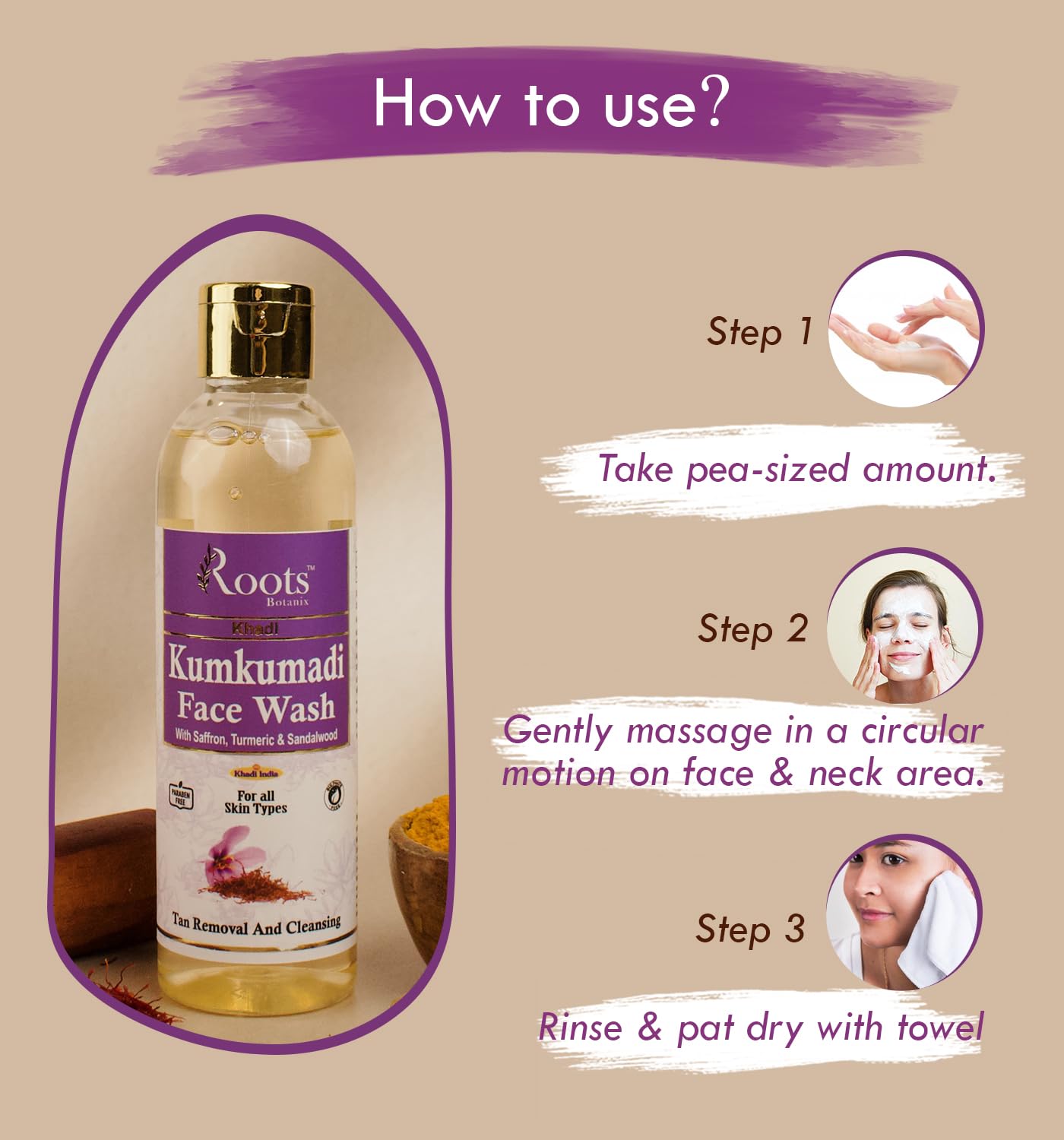 Roots Botanix Kumkumadi Brightening Face Wash - Anti Pollution & Pimple Control, De-Tan Cleansing for Glowing Skin (200ml) | Perfect for Daily Skincare Routine & Travel-Friendly Liquid Soap