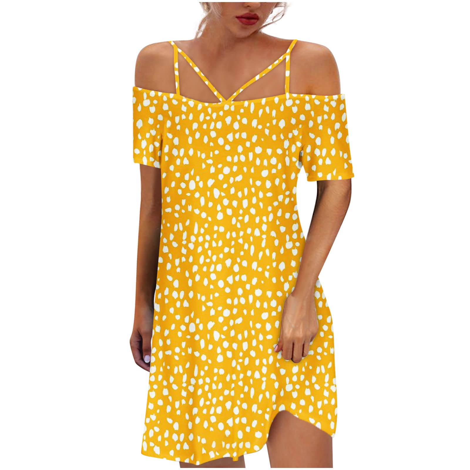 Women's Summer Casual Cold Shoulder Printed Mini Dress - Sexy Fitted Short Sleeve Sundress for Beach, Party & Vacation Outfits