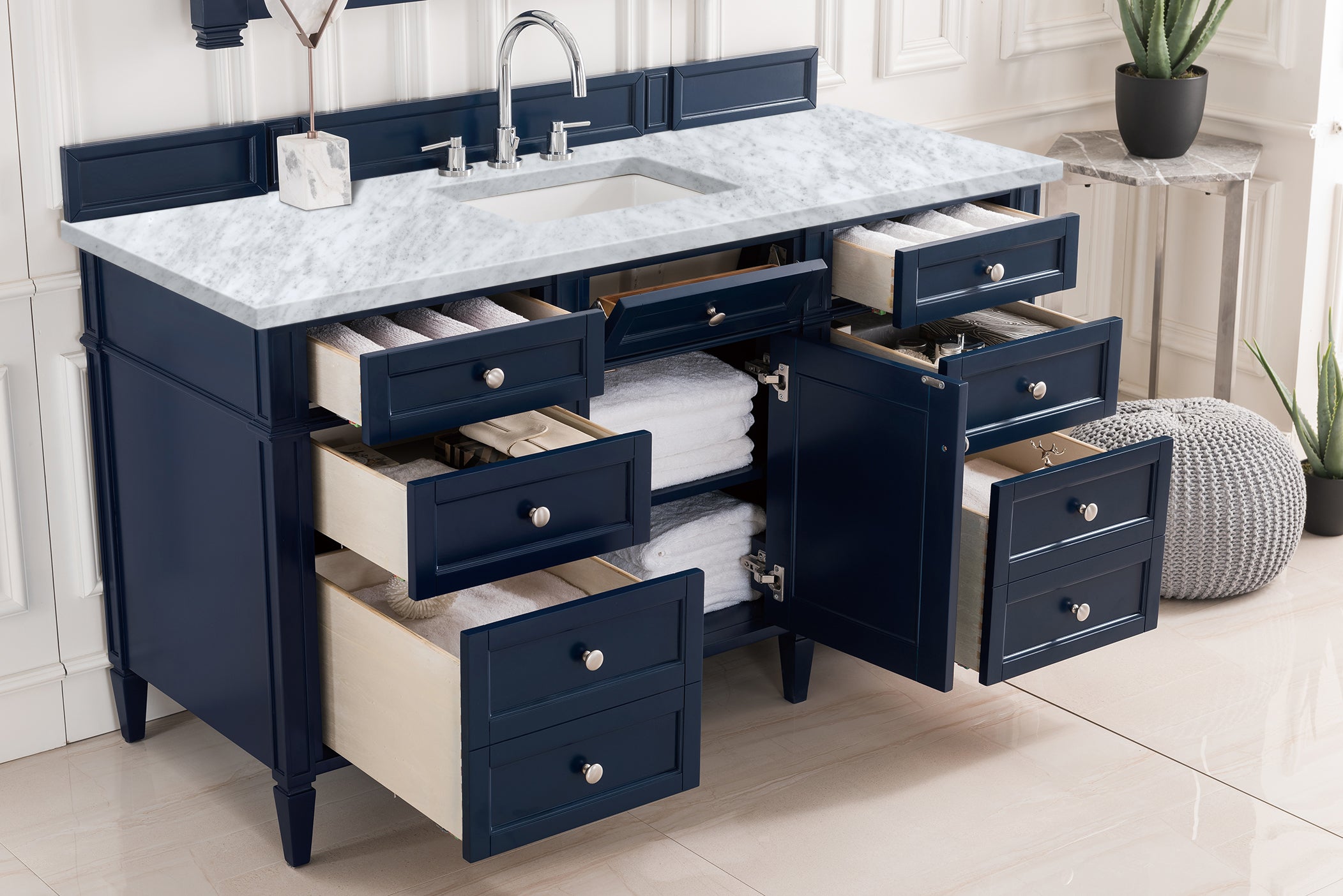 Brittany 60 Inch Victory Blue Single Bathroom Vanity with 3CM Carrara Marble Top - Perfect for Modern Master Bathrooms & Powder Rooms