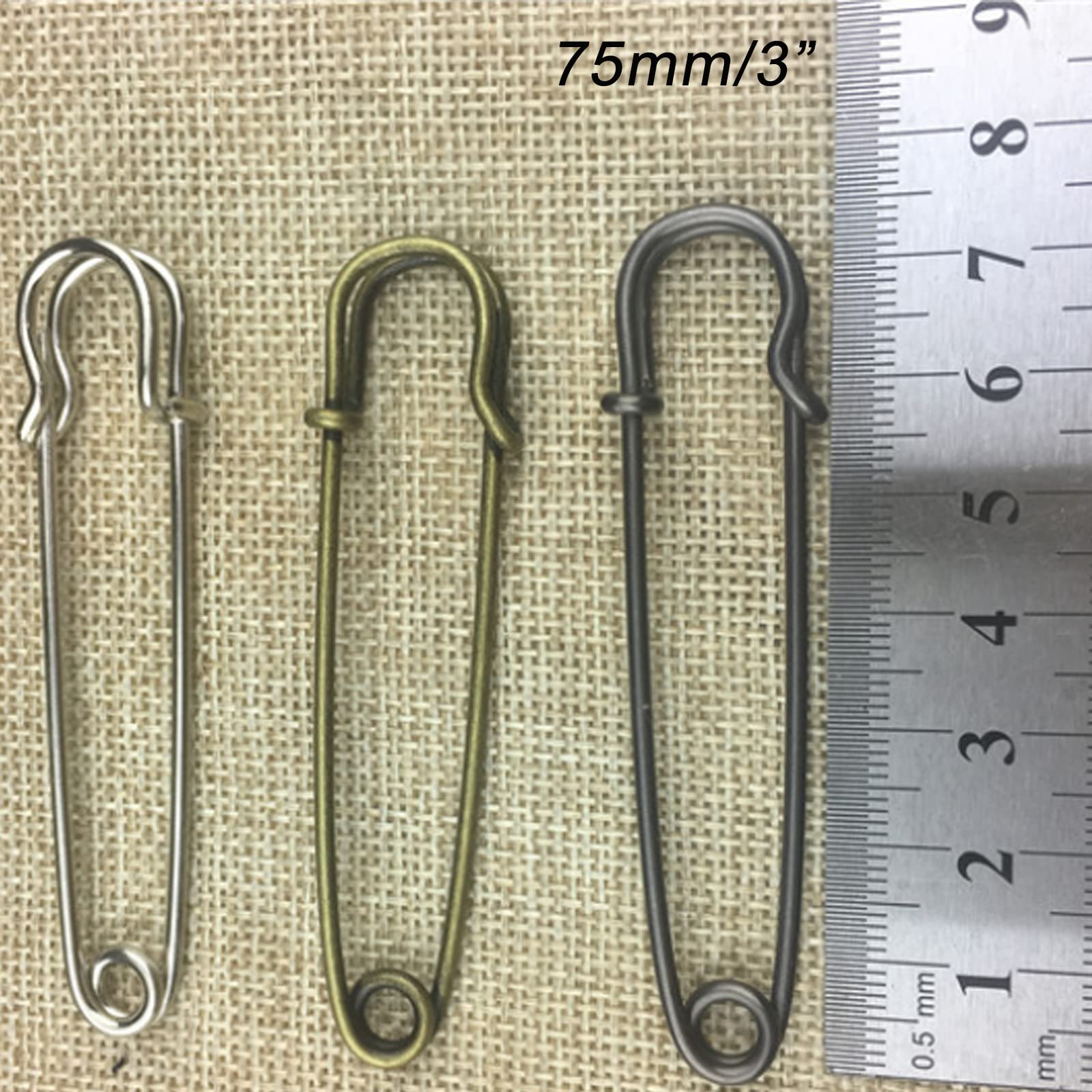 IRIIRO 60pcs 3-Inch Heavy Duty Safety Pins - Large Steel Spring Lock Pins for Blankets, Crafts, Skirts, Curtains & Laundry (Black/Bronze/Silver, 20pcs Each) - Perfect for DIY Projects, Home Decor & Industrial Use