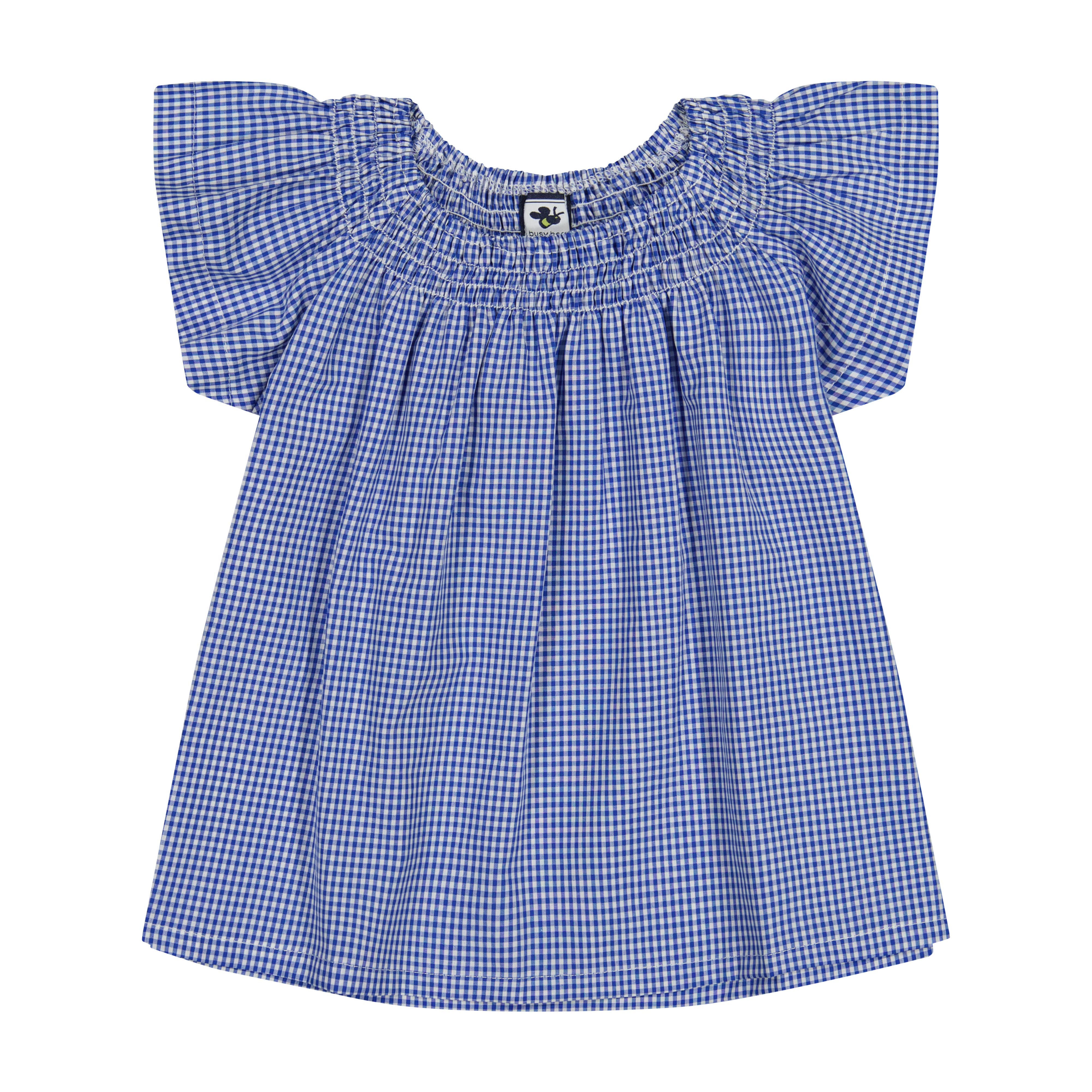 Blue Mini Check Molly Smocked Flutter Sleeve Top - Women's Casual Summer Blouse for Beach, Picnic & Date Night