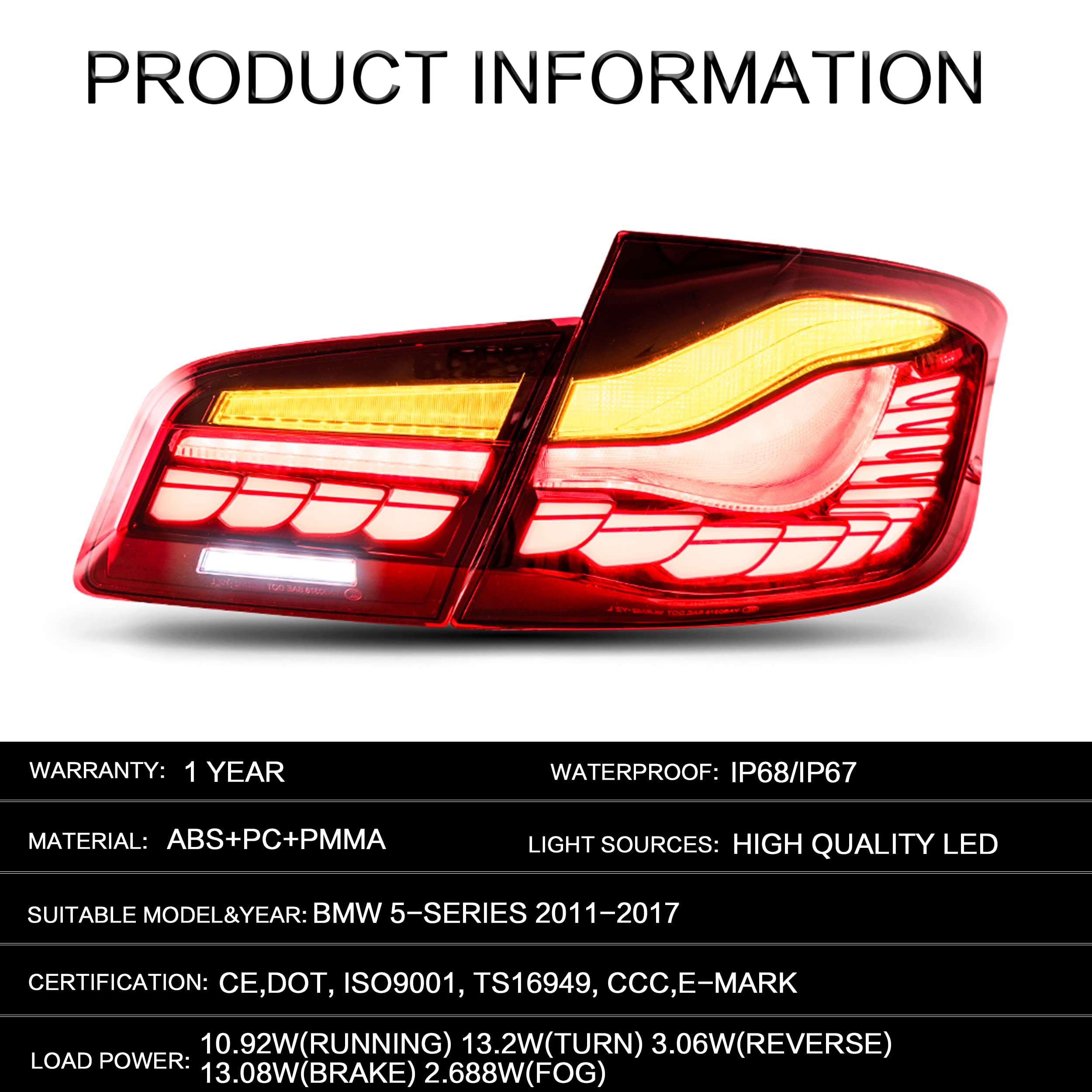 VLAND OLED Tail Lights Assembly for BMW 5 Series F10 F18 2011-2017 - Dynamic Dragon Scale DRL Red Rear Lamps - Upgrade Your 535i, 528i, 550i - Perfect for Night Driving & Car Customization