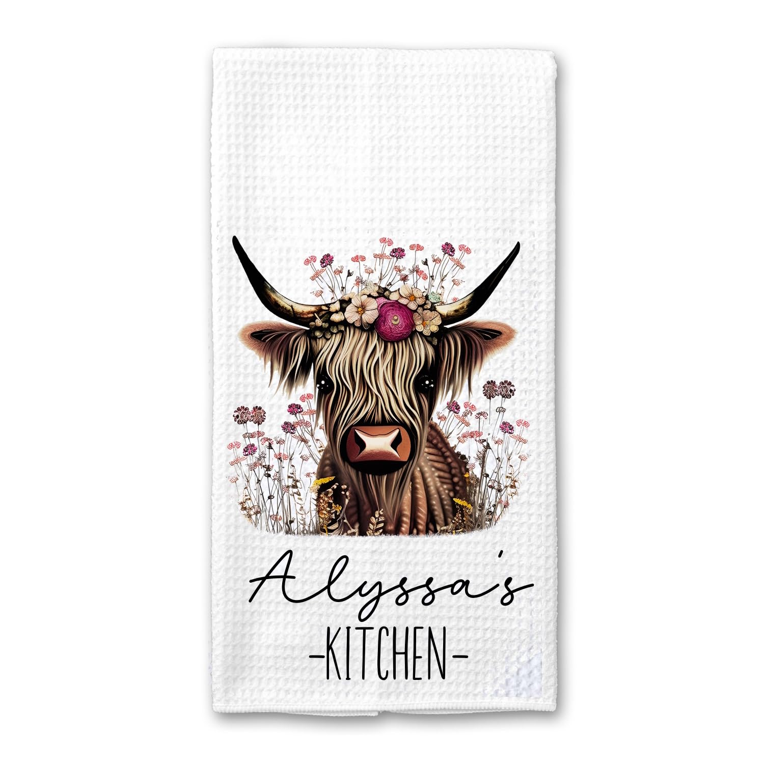 Personalized Highland Cow Custom Kitchen Hand Towel - Farmhouse Waffle Weave Tea Towel for Cooking, Baking & Cleaning - Unique Housewarming Gift & Wedding Present for Cow Lovers - Perfect for Rustic Kitchens, Country Homes & Cow-Themed Decor