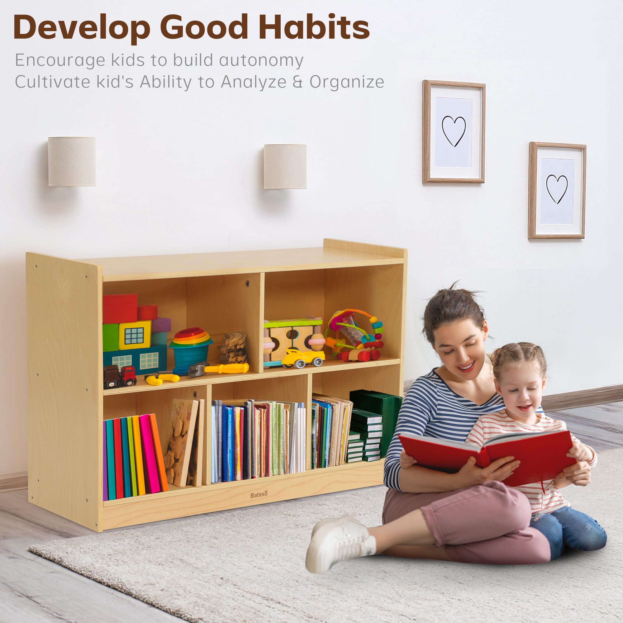 Montessori Wooden Toy Storage Organizer - 2-Shelf Kids Bookshelf with 5 Sections, Natural Wood Bookcase & Toy Shelf for Classroom, Nursery, Playroom & Kids Bedroom - Perfect for Organizing Books, Toys & Learning Materials