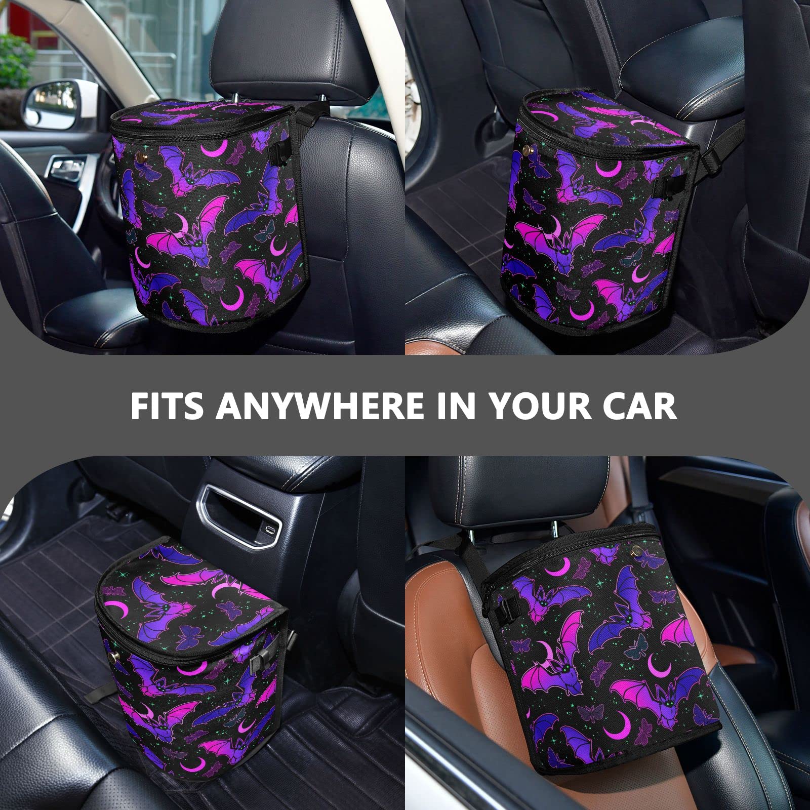 Gothic Purple Bat Car Trash Can with Lid - Leak-Proof Hanging Car Organizer & Storage Bag for Front/Back Seat - Perfect for Road Trips, Commuting & Keeping Your Vehicle Clean