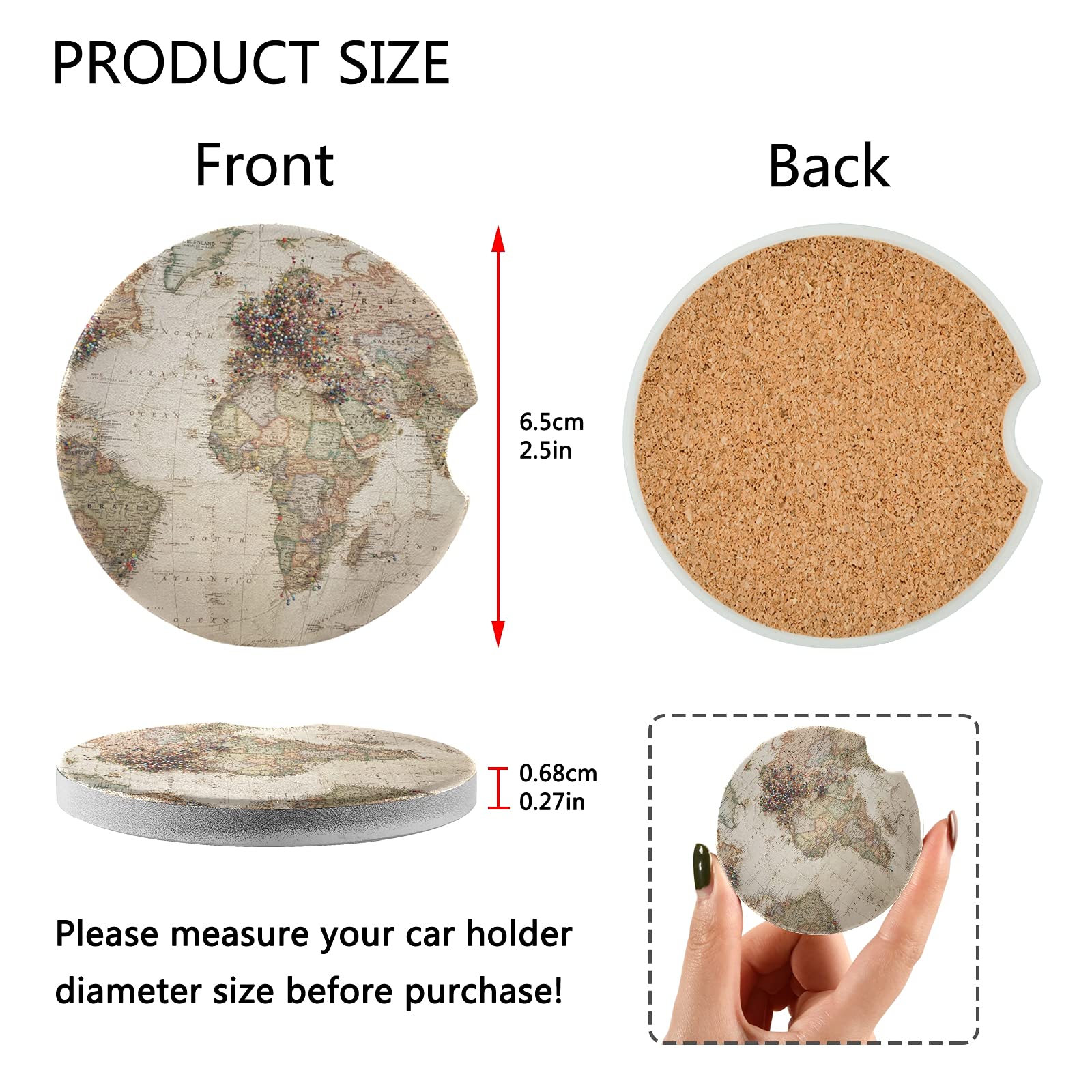 Xigua World Map Car Coasters 2 Pack - Absorbent Ceramic Stone Cup Holder Coasters with Fingertip Grip for Car, Office, and Home Use