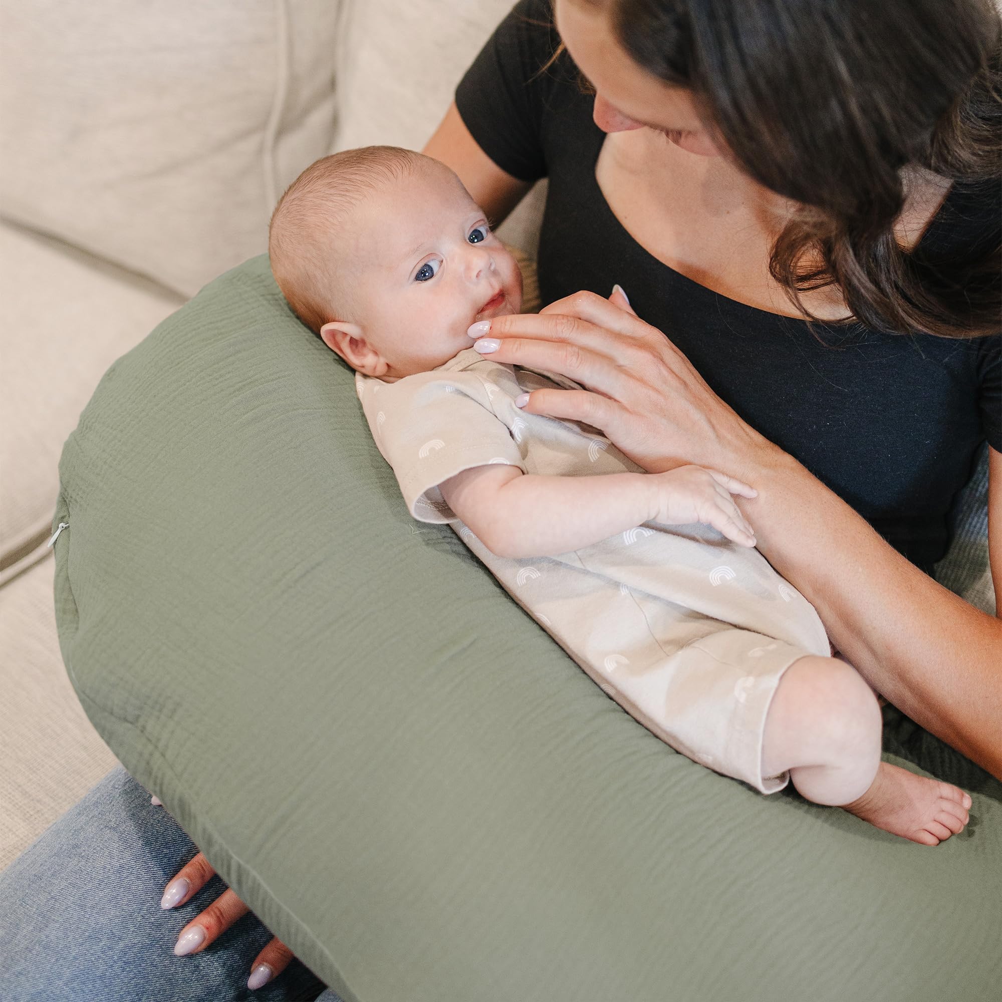 Konssy Muslin Nursing Pillow Covers - Soft & Breathable Breastfeeding Pillow Covers for Newborns (2 Pack, Fog Green & Cream) | Perfect for Nursing, Baby Shower Gifts & Nursery Decor