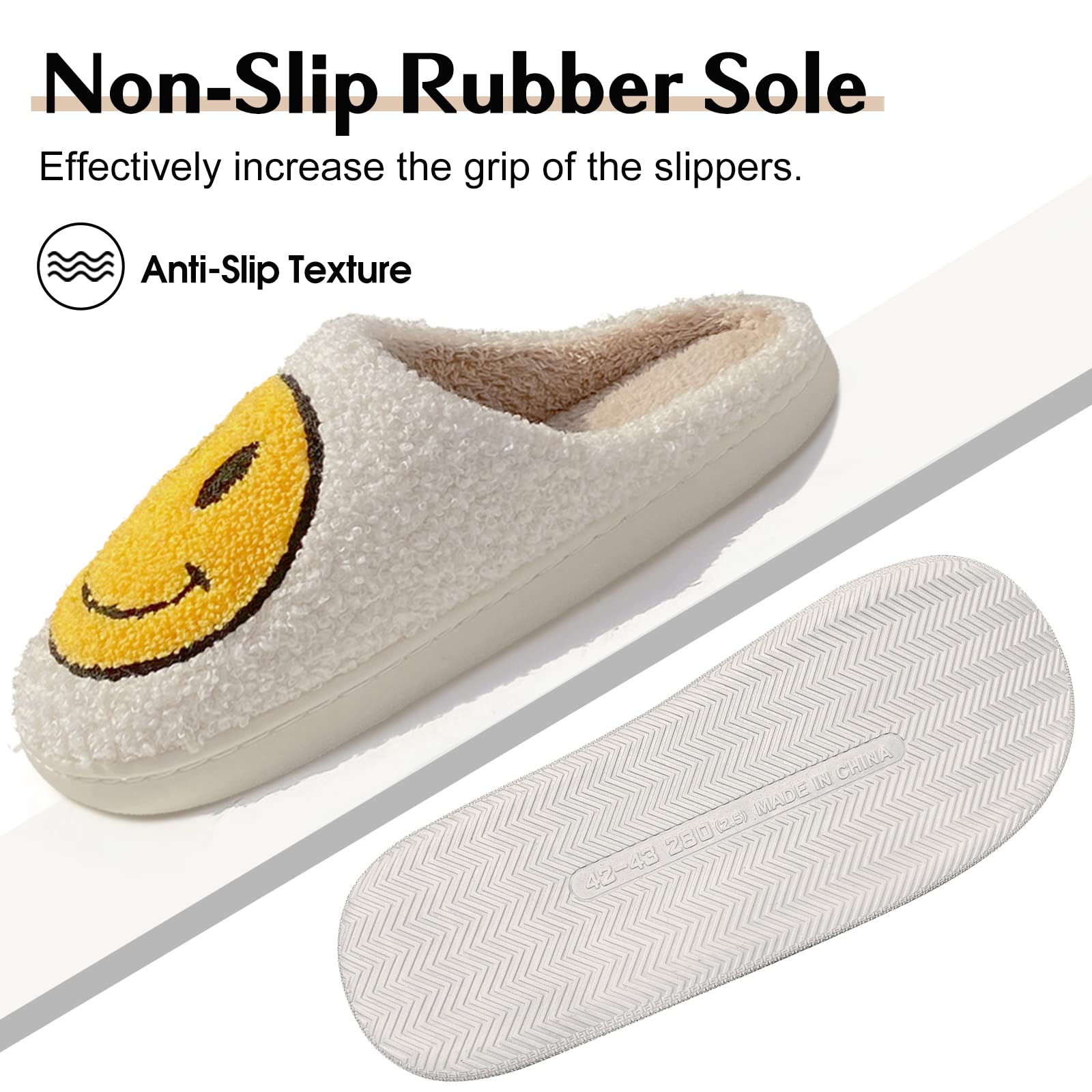 Women's Smile Face Slippers - Soft Plush Retro Preppy Happy Face Slip-On Slippers for Indoor & Outdoor Use | Cozy House Shoes for Relaxing at Home, Lounging, or Quick Errands