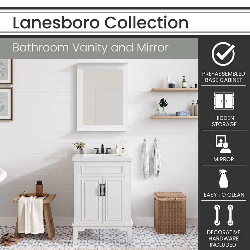 Hanover Lanesboro 24'' White Bathroom Vanity Set with Sink, Mirror & Stone Countertop - Pre-Assembled 2-Door Cabinet for Powder Room or Master Bath | HANVN0105-24-0WH | Perfect for Small Bathrooms & Guest Suites