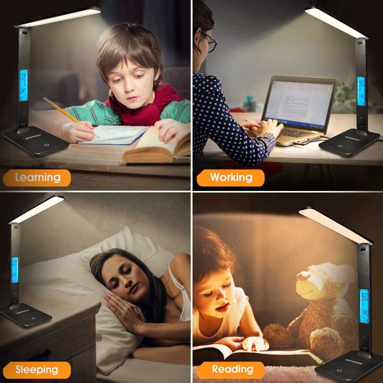 LAOPOO LED Desk Lamp with Wireless Charger & USB Port - Adjustable Brightness, Built-in Digital Clock - Perfect for Home Office, Study Room, College Dorm (Reading, Working, Night Light)