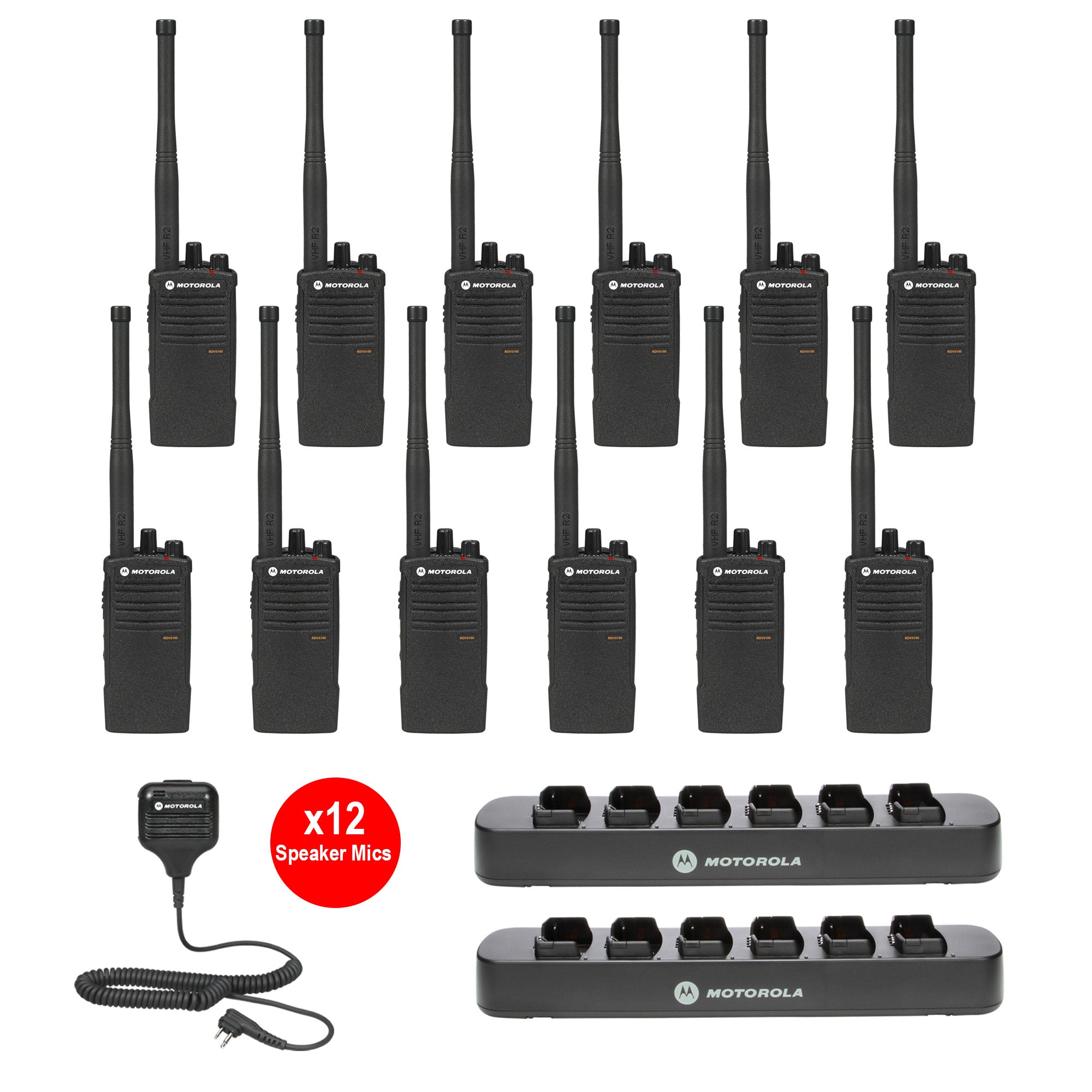 Motorola RDV5100 12-Pack Two-Way Radio Bundle with Multi-Unit Charger & Speaker Microphones - Perfect for Construction, Security, and Event Communication