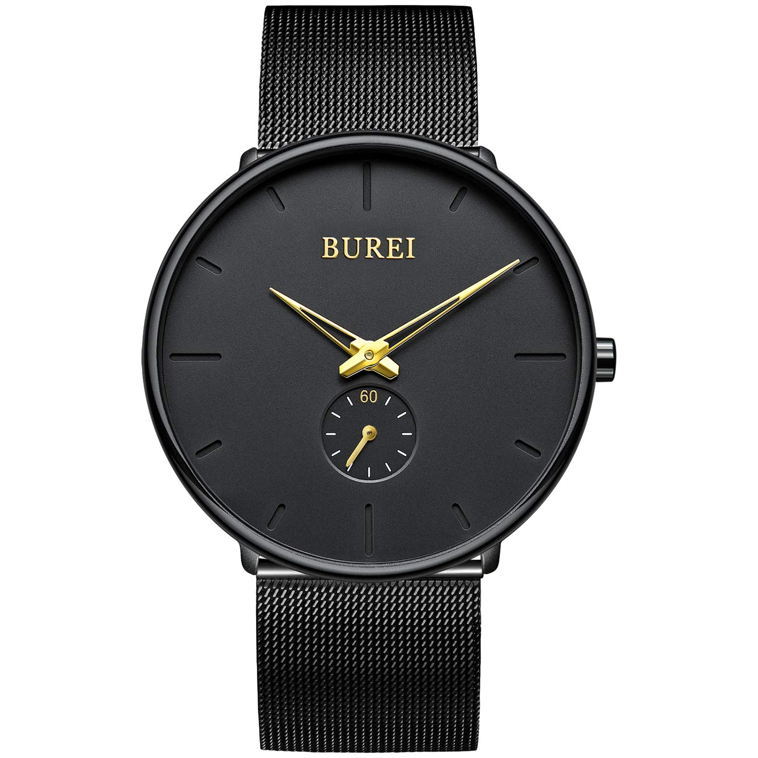 BUREI Men's Minimalist Slim Analog Quartz Watch with Black Dial & Stainless Steel Mesh Strap - Perfect for Business, Casual Wear & Everyday Use