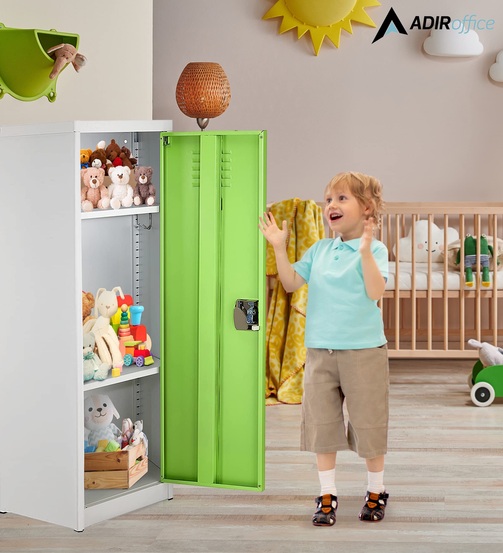 AdirOffice Kids Steel Metal Storage Locker with Key & Hanging Rods - 48 Inch Green School & Home Organizer for Clothes, Backpacks & Supplies - Perfect for Bedrooms, Dorm Rooms & Classrooms