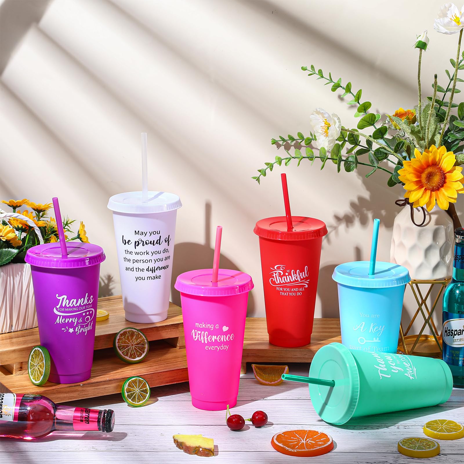 96 Pack Bulk Thank You Gifts - 24oz Inspirational Plastic Tumbler Cups with Lids & Straws - Employee Appreciation, Teacher Gifts, Coworker Recognition, Volunteer Team Rewards (Colorful) - Perfect for Office Celebrations, Staff Incentives, and School Events