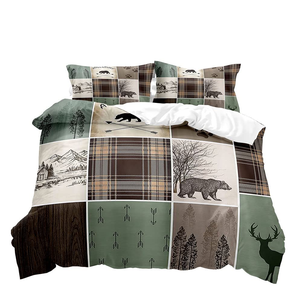 VIVIHOME 2-Piece Rustic Cabin Bedding Set - Twin Size Woodland Animals Duvet Cover with Deer Elk Moose Black Bear Print - Hunting Lodge Country Farmhouse Style Plaid Patchwork Quilt Comforter Cover + 1 Pillowcase - Perfect for Cabin Retreats, Hunting Lodges & Cozy Farmhouse Bedrooms